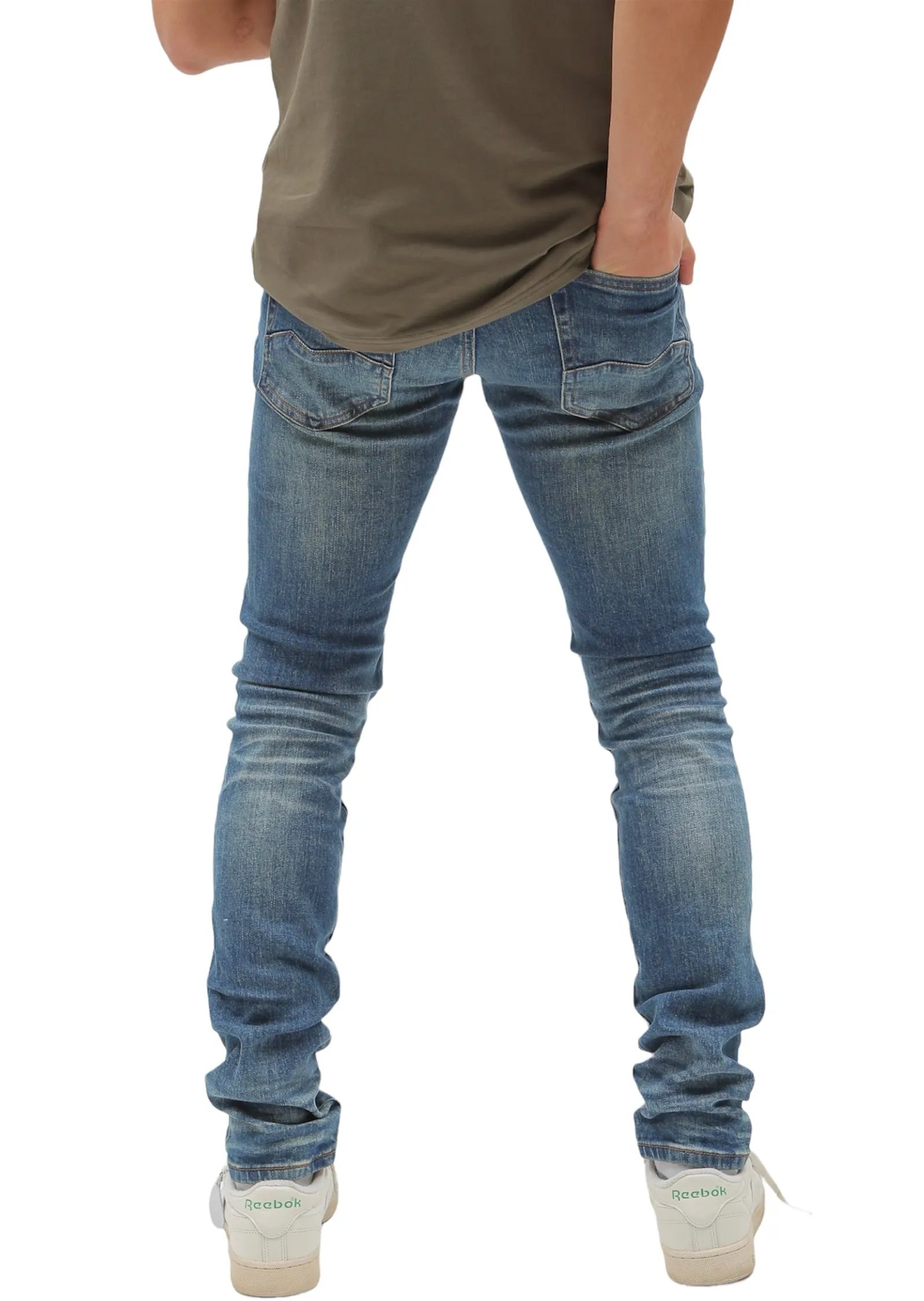 Heavy Distressed Blue Washed Skinny Denim W/ Black Leather