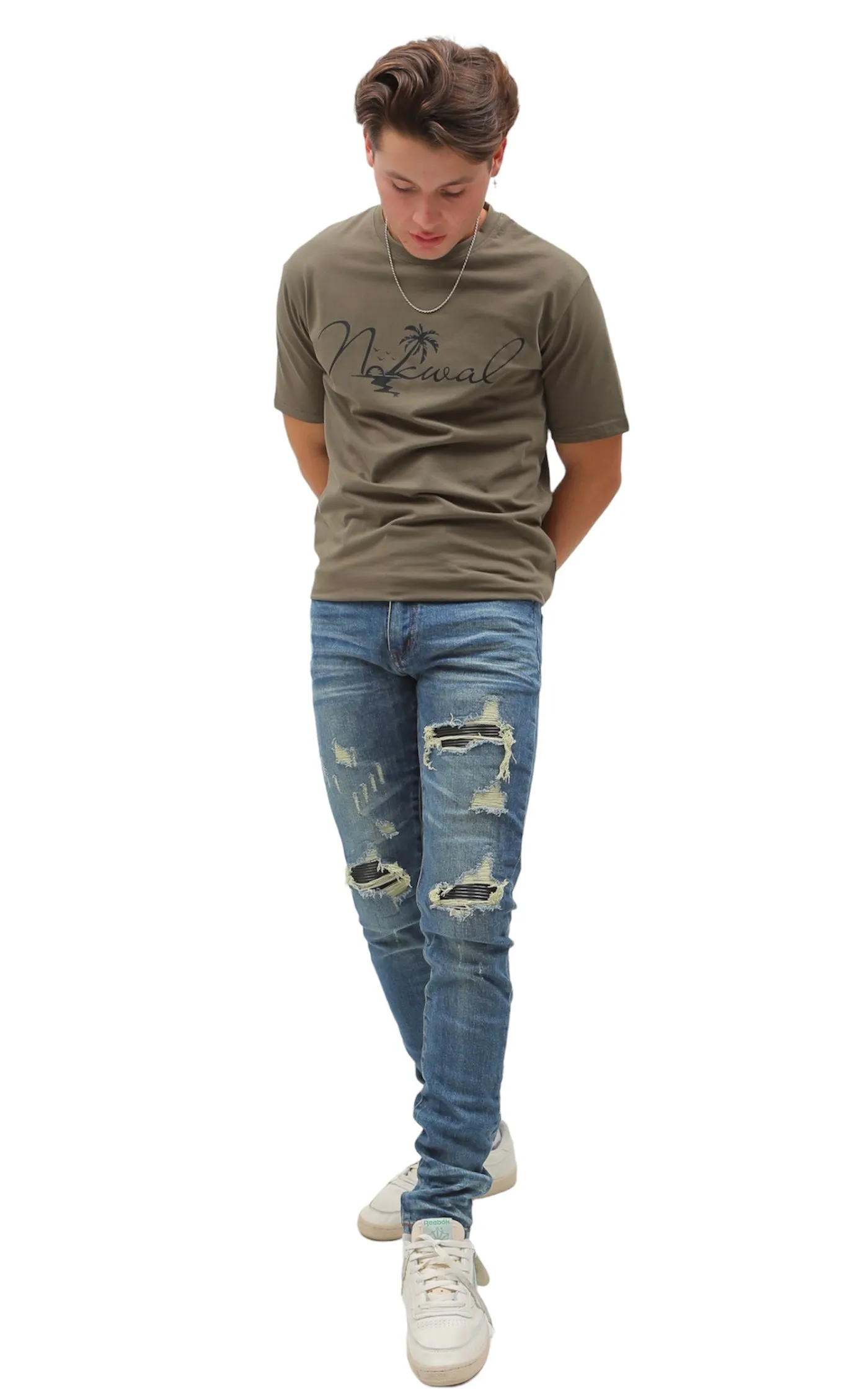 Heavy Distressed Blue Washed Skinny Denim W/ Black Leather