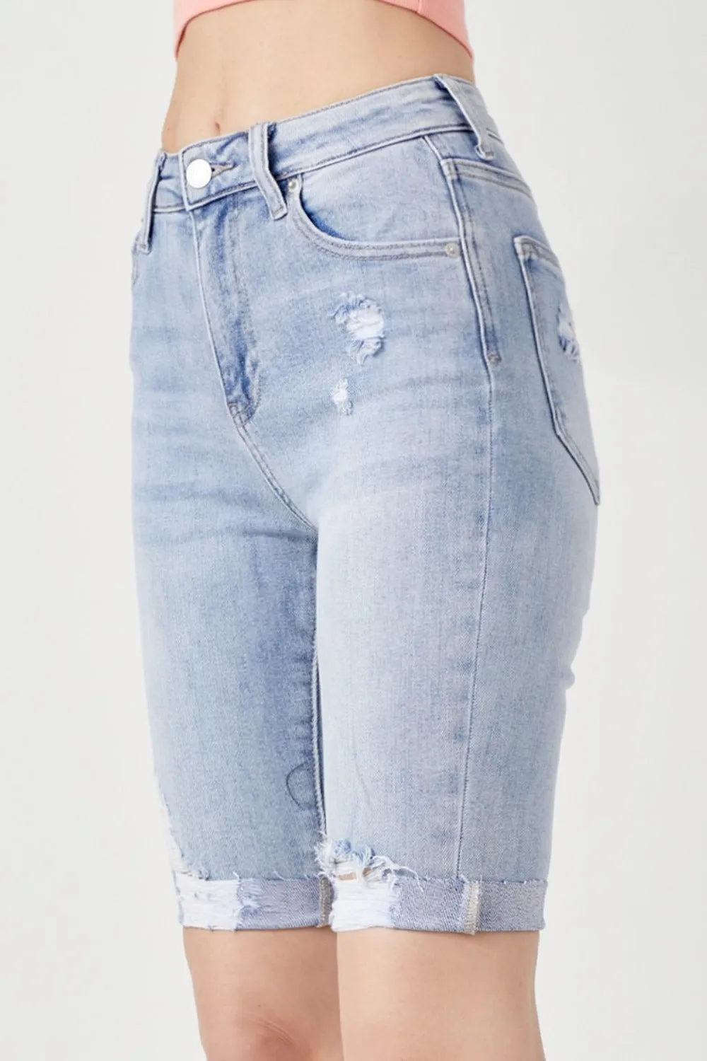 High Rise Distressed Denim Bermuda Shorts