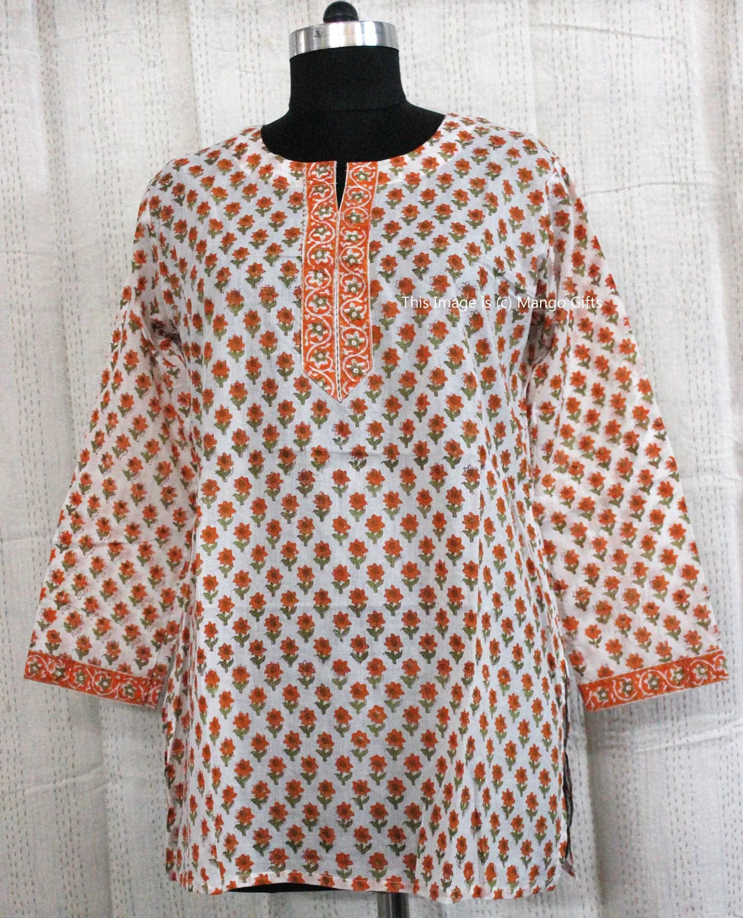 Indian 100%Cotton Hand Block Printed Tunics Tops Indian Kurti Women Summer Fashion Wear V-Neck Casual Tops