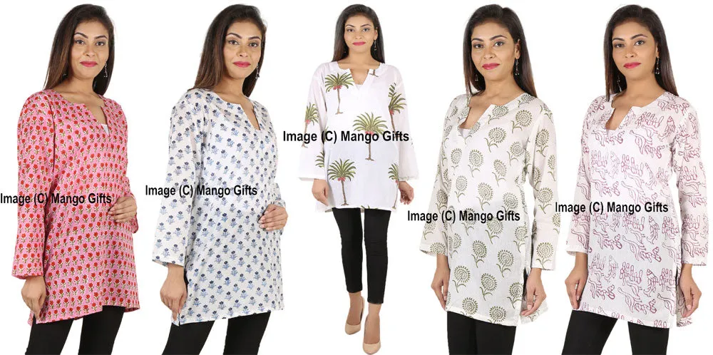 Indian 100%Cotton Hand Block Printed Tunics Tops Indian Kurti Women Summer Fashion Wear V-Neck Casual Tops