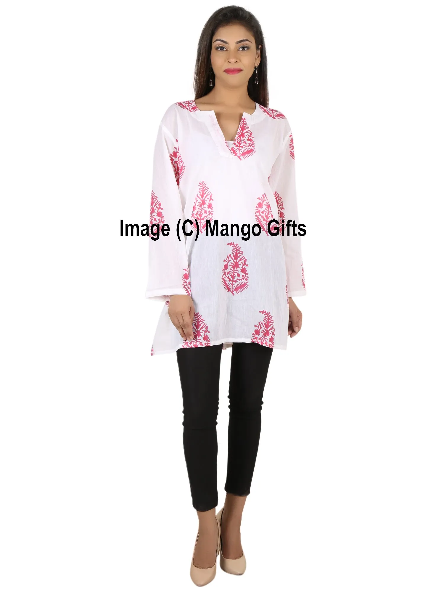 Indian 100%Cotton Hand Block Printed Tunics Tops Indian Kurti Women Summer Fashion Wear V-Neck Casual Tops