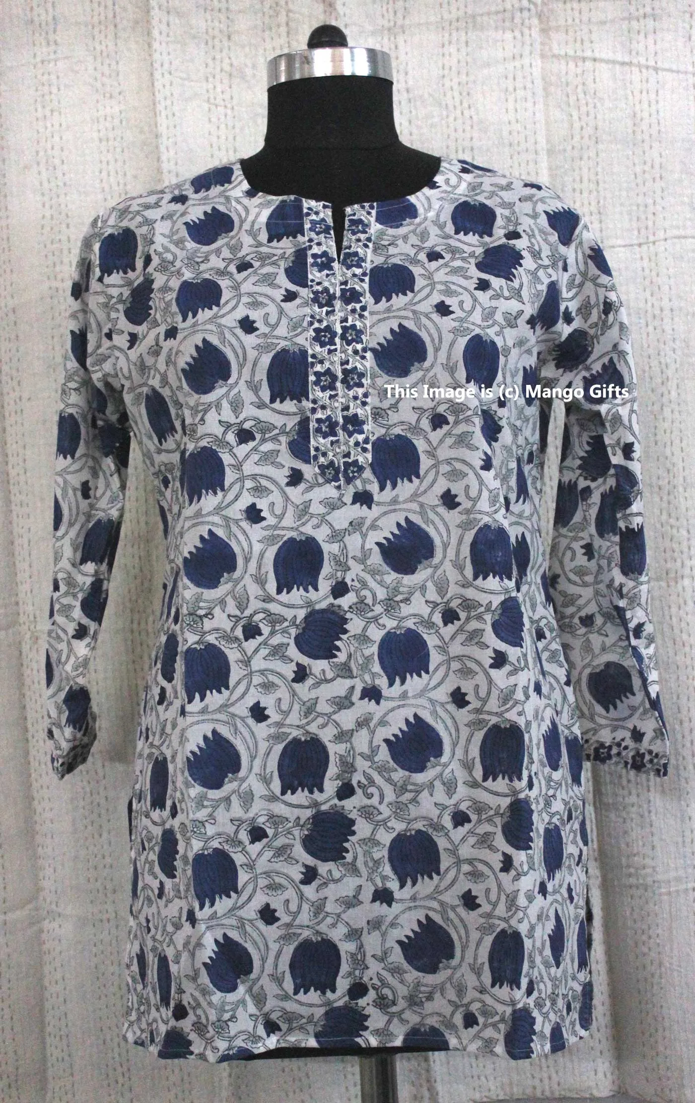 Indian 100%Cotton Hand Block Printed Tunics Tops Indian Kurti Women Summer Fashion Wear V-Neck Casual Tops