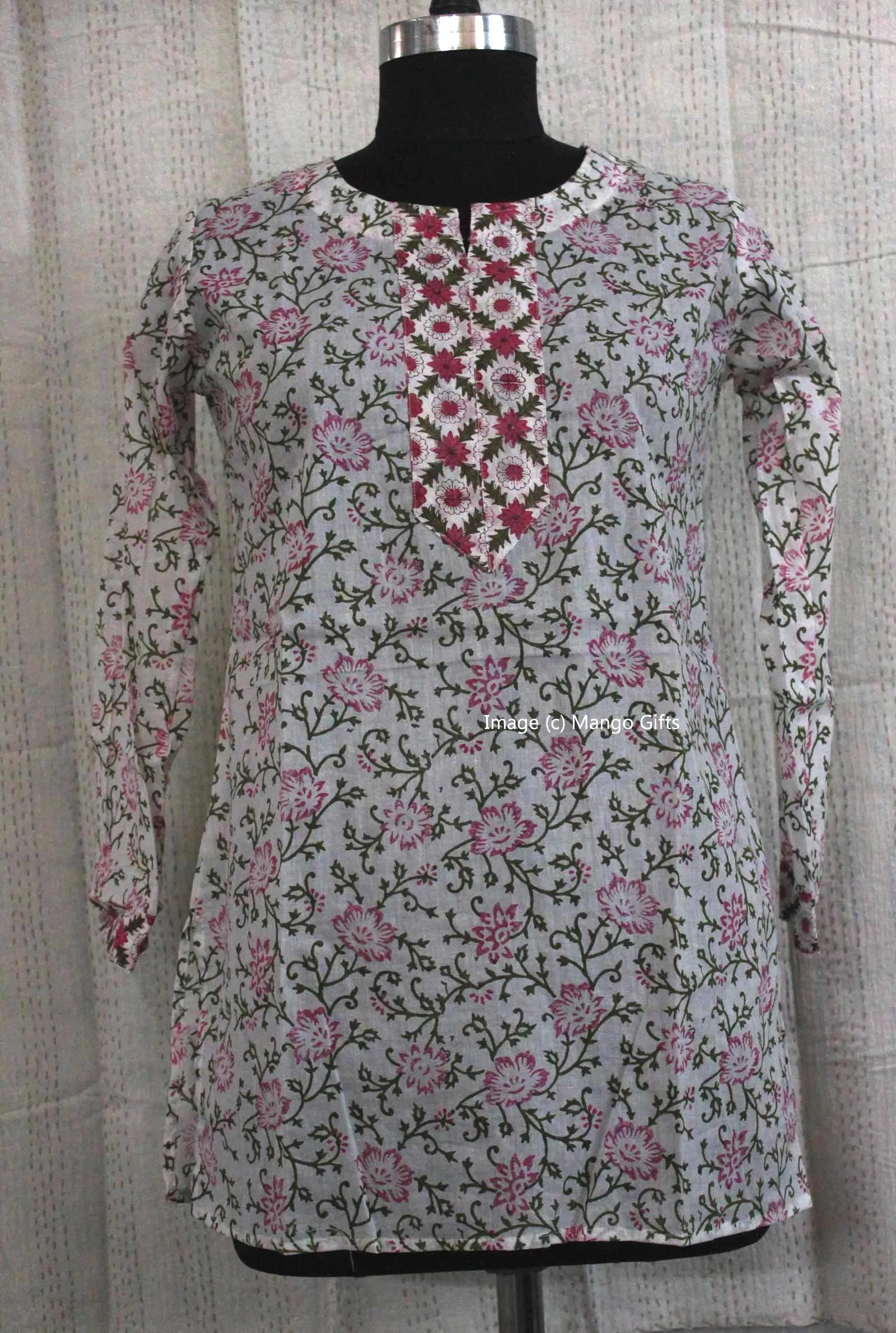 Indian 100%Cotton Hand Block Printed Tunics Tops Indian Kurti Women Summer Fashion Wear V-Neck Casual Tops