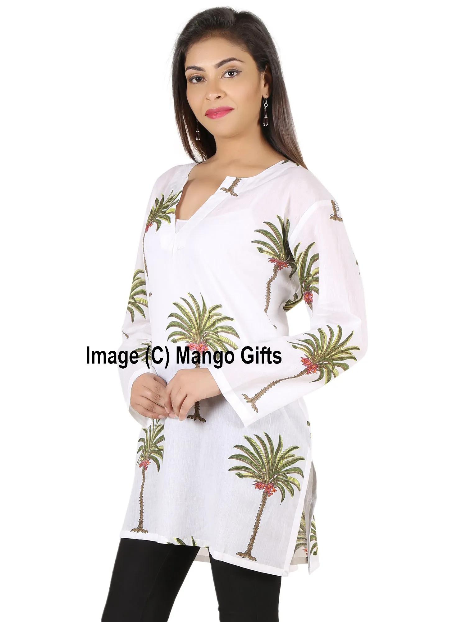 Indian 100%Cotton Hand Block Printed Tunics Tops Indian Kurti Women Summer Fashion Wear V-Neck Casual Tops