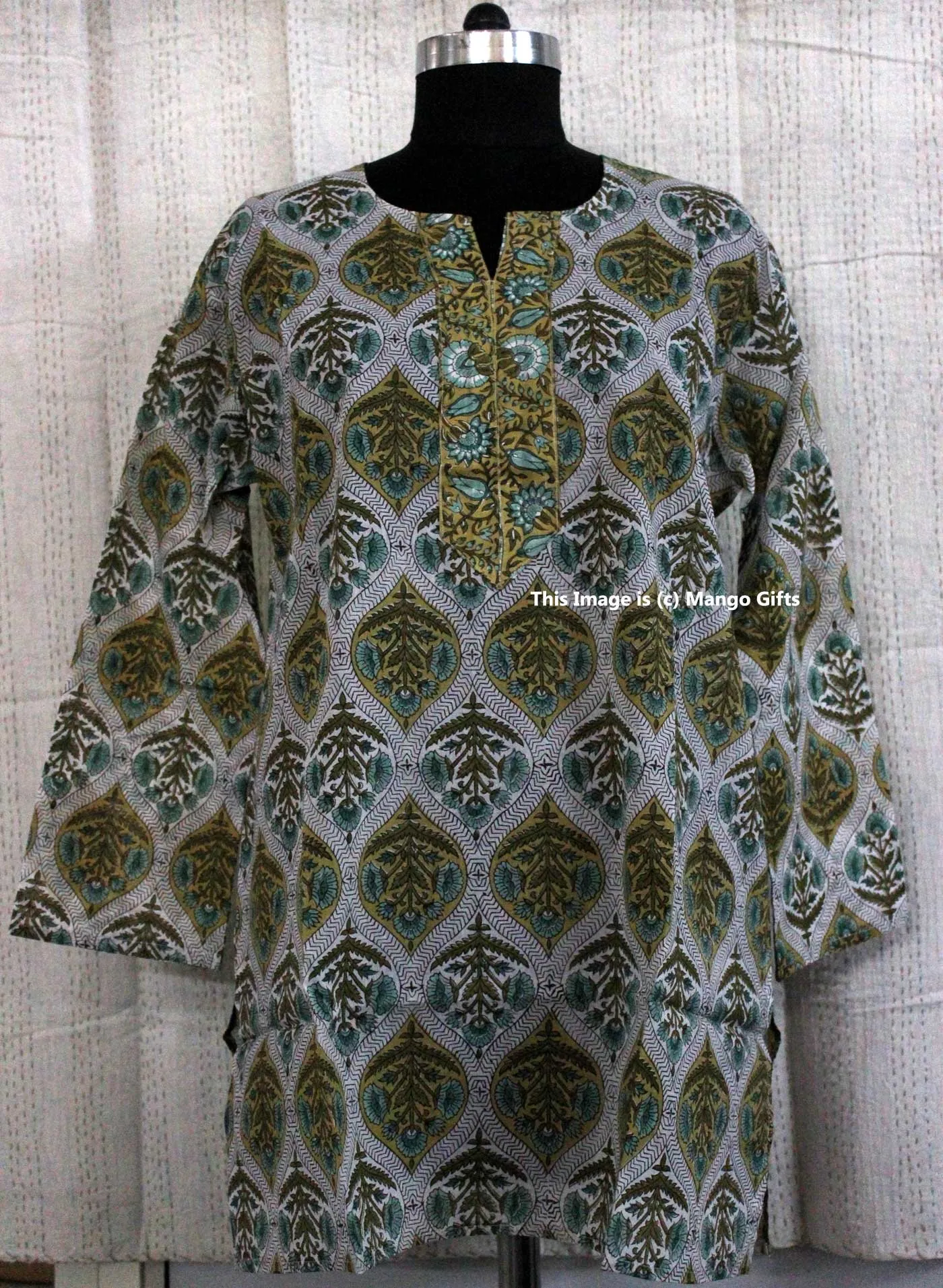 Indian 100%Cotton Hand Block Printed Tunics Tops Indian Kurti Women Summer Fashion Wear V-Neck Casual Tops