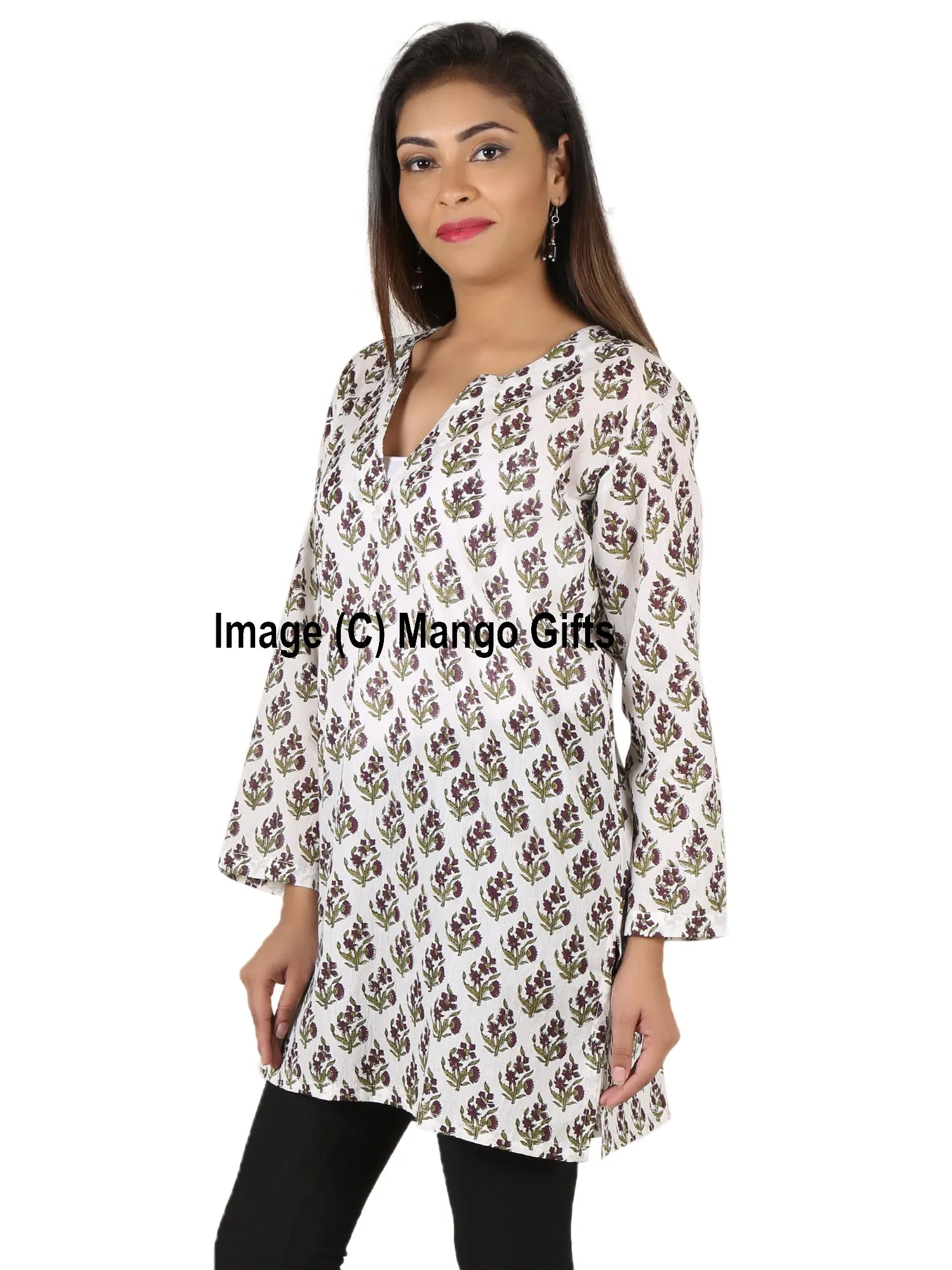 Indian 100%Cotton Hand Block Printed Tunics Tops Indian Kurti Women Summer Fashion Wear V-Neck Casual Tops