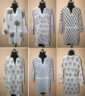 Indian 100%Cotton Hand Block Printed Tunics Tops Indian Kurti Women Summer Fashion Wear V-Neck Casual Tops