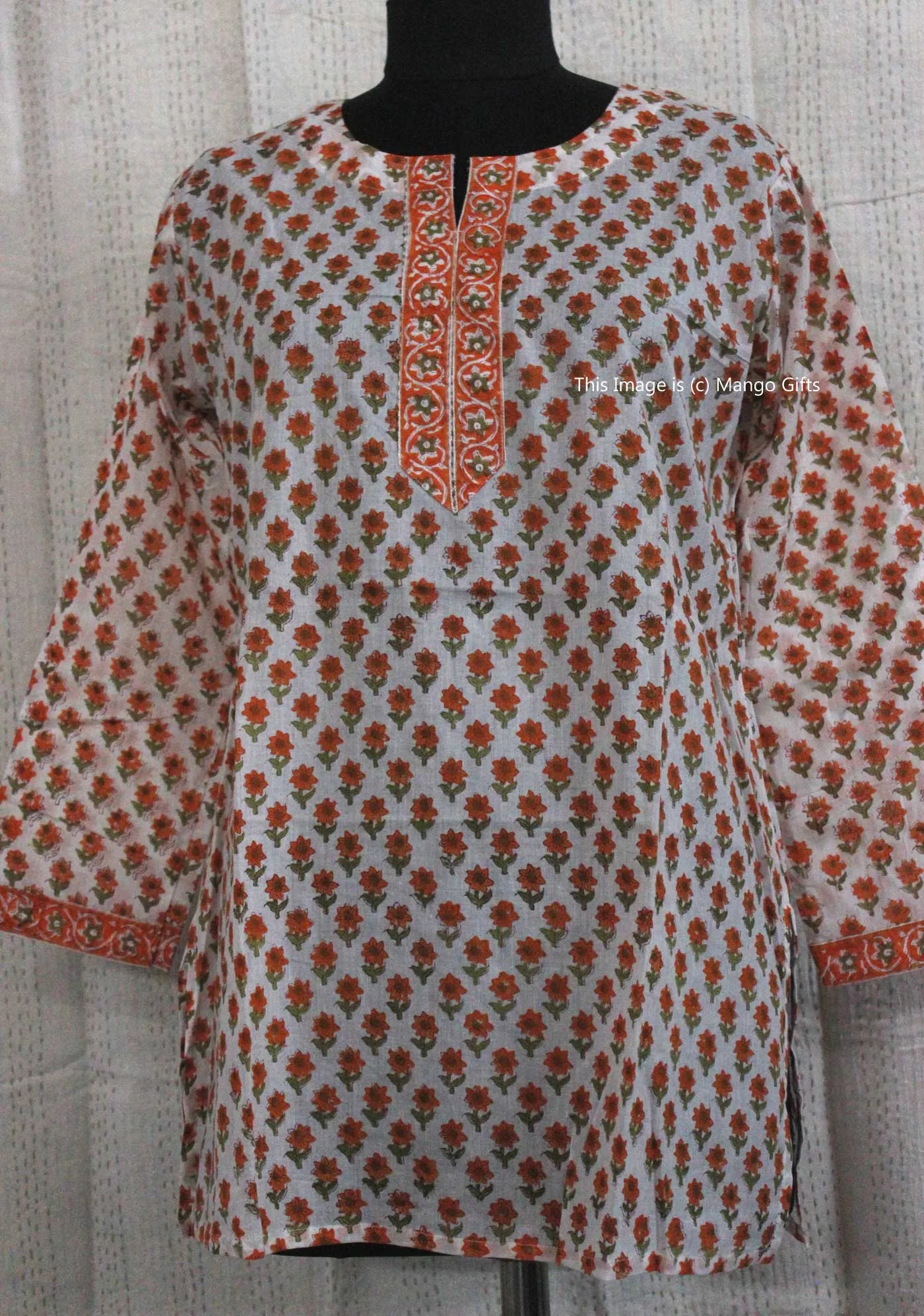 Indian 100%Cotton Hand Block Printed Tunics Tops Indian Kurti Women Summer Fashion Wear V-Neck Casual Tops