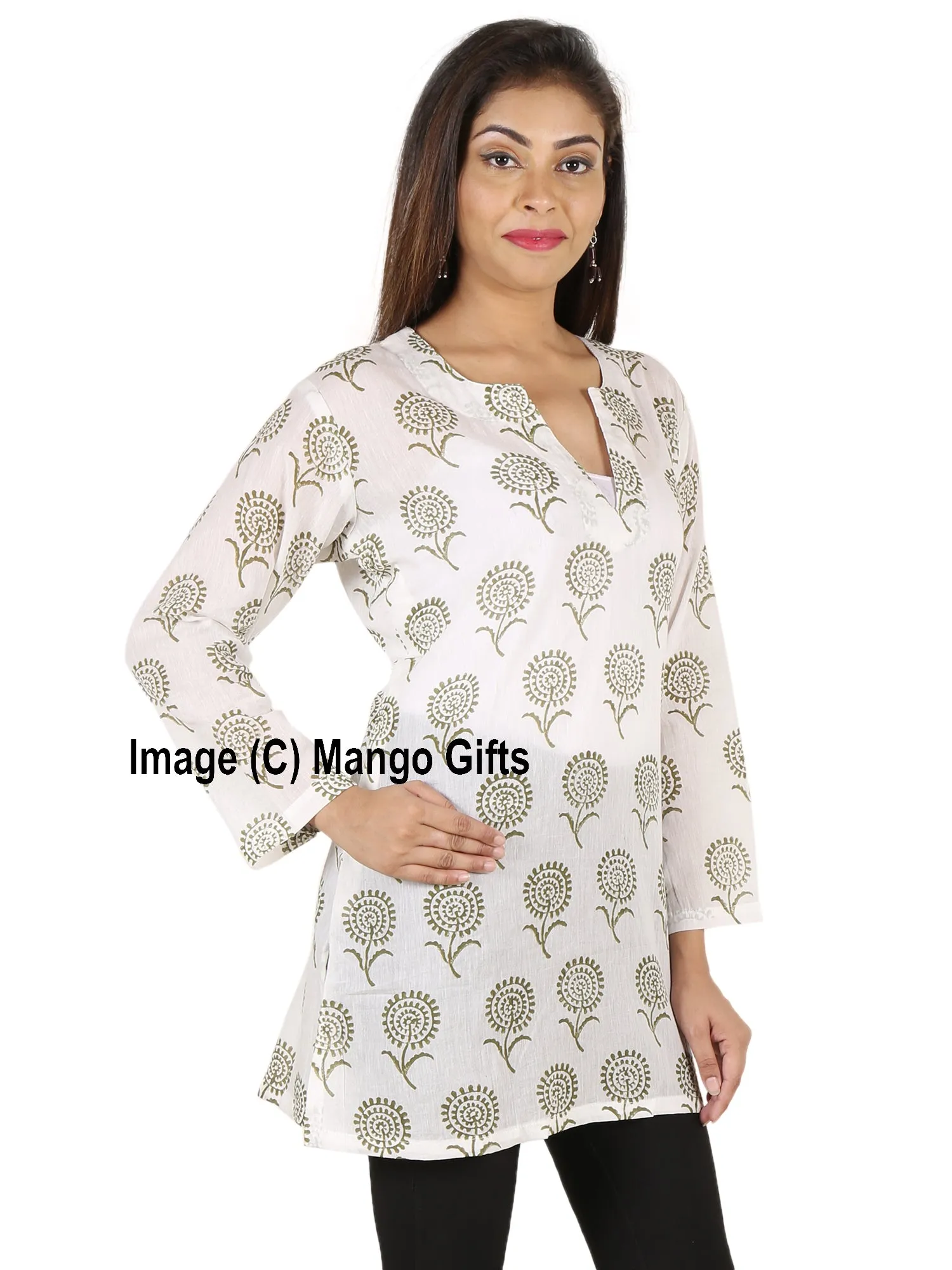 Indian 100%Cotton Hand Block Printed Tunics Tops Indian Kurti Women Summer Fashion Wear V-Neck Casual Tops