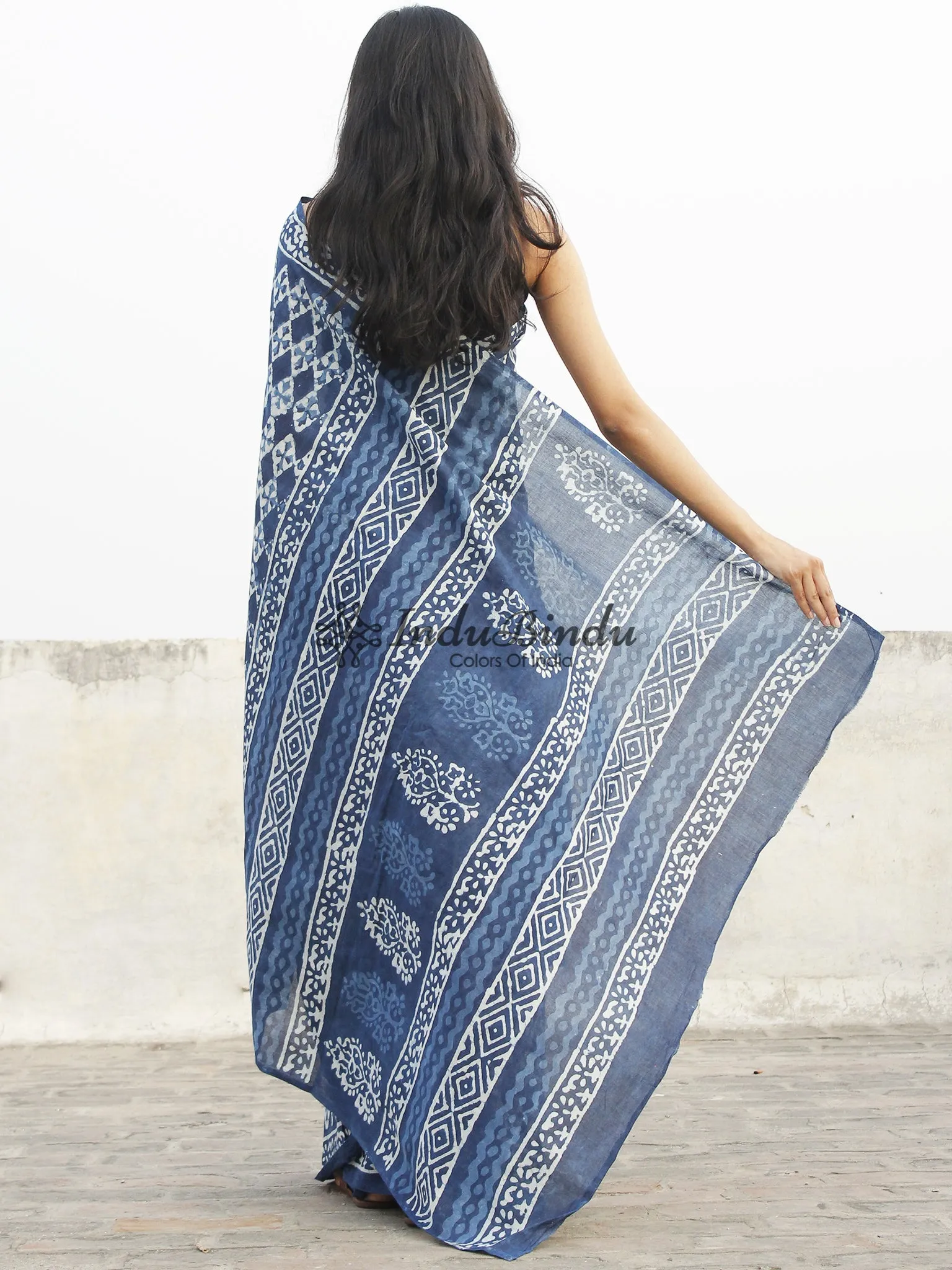 Indigo Blue White Hand Block Printed Cotton Saree In Natural Colors - S031702367