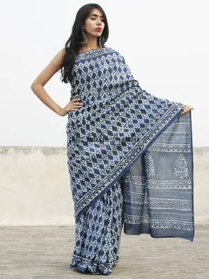 Indigo Blue White Hand Block Printed Cotton Saree In Natural Colors - S031702367