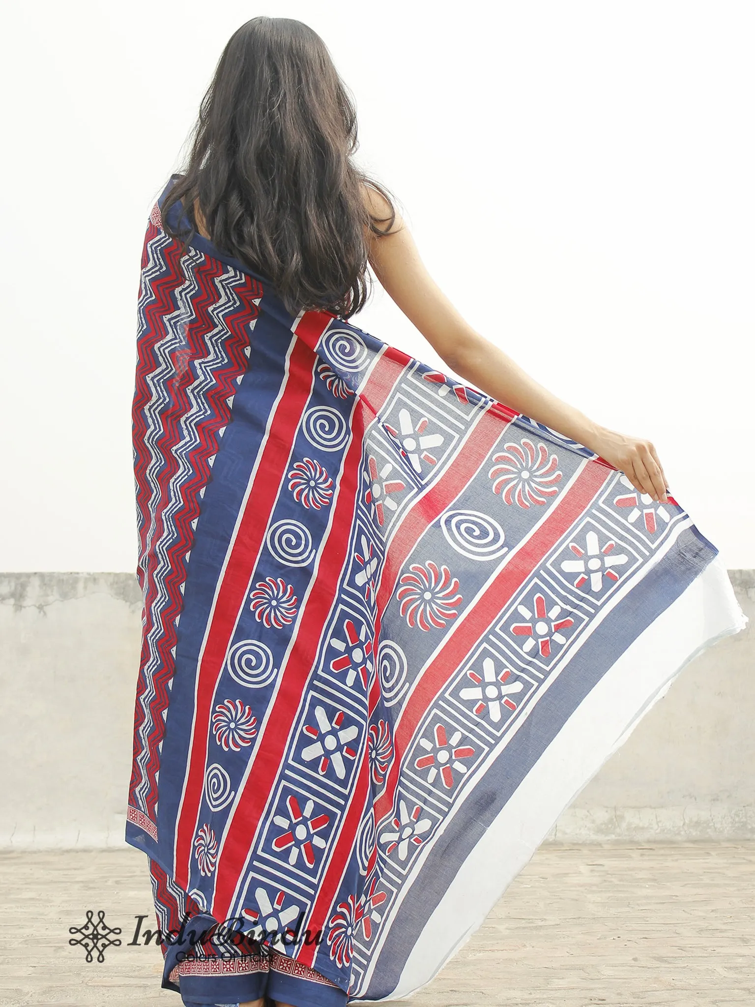 Indigo Maroon White Hand Block Printed Cotton Saree In Natural Colors - S031702371