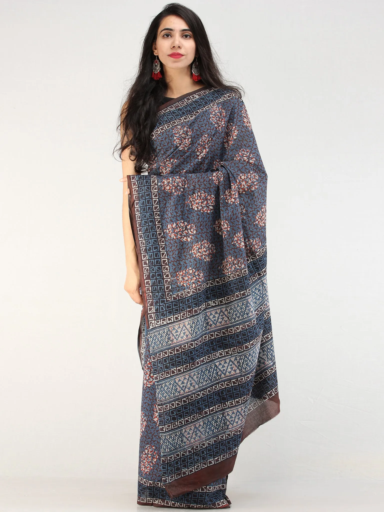 Indigo Rustic Hand Block Printed  Cotton Mul Saree - s031704539