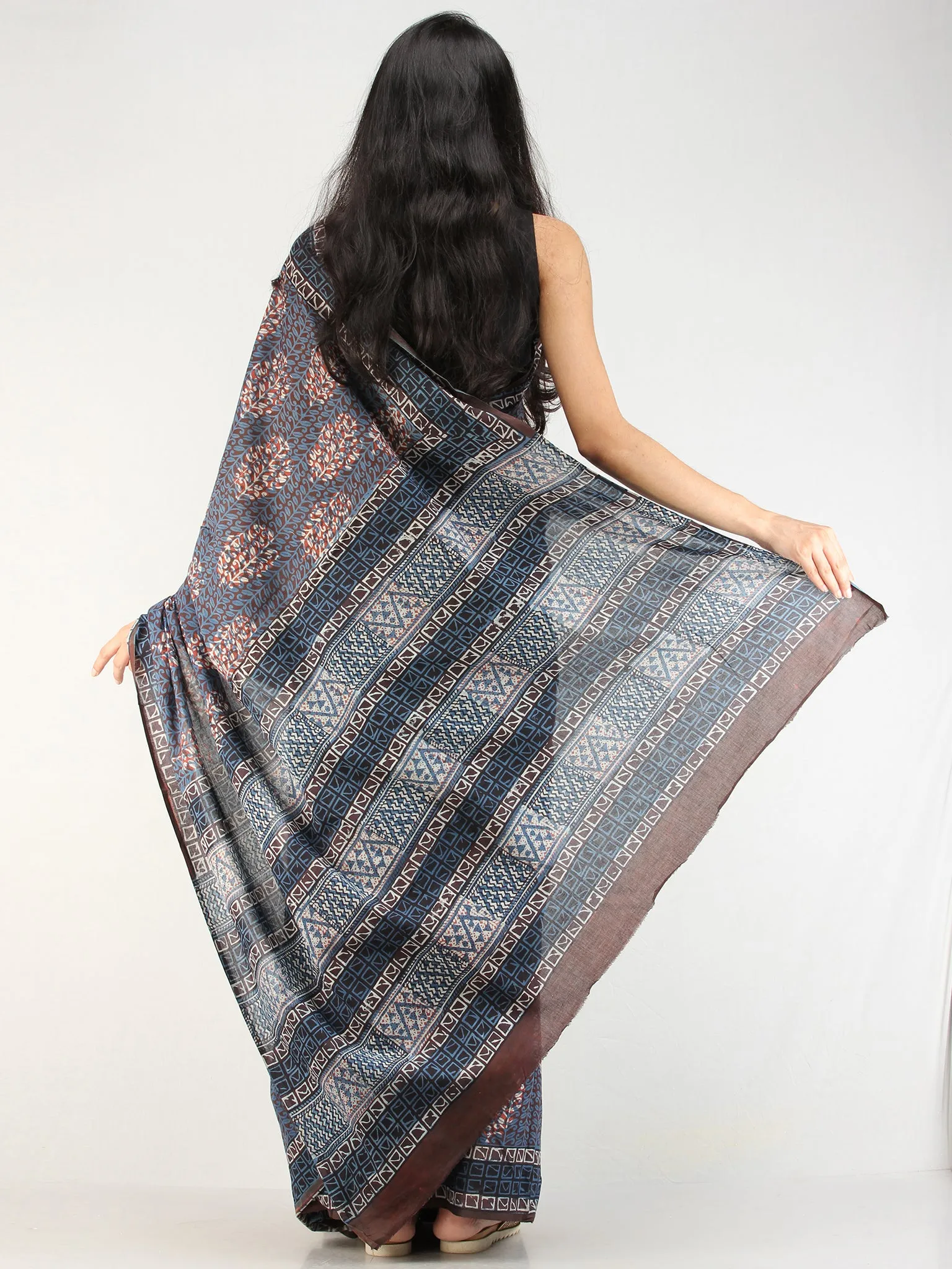 Indigo Rustic Hand Block Printed  Cotton Mul Saree - s031704539