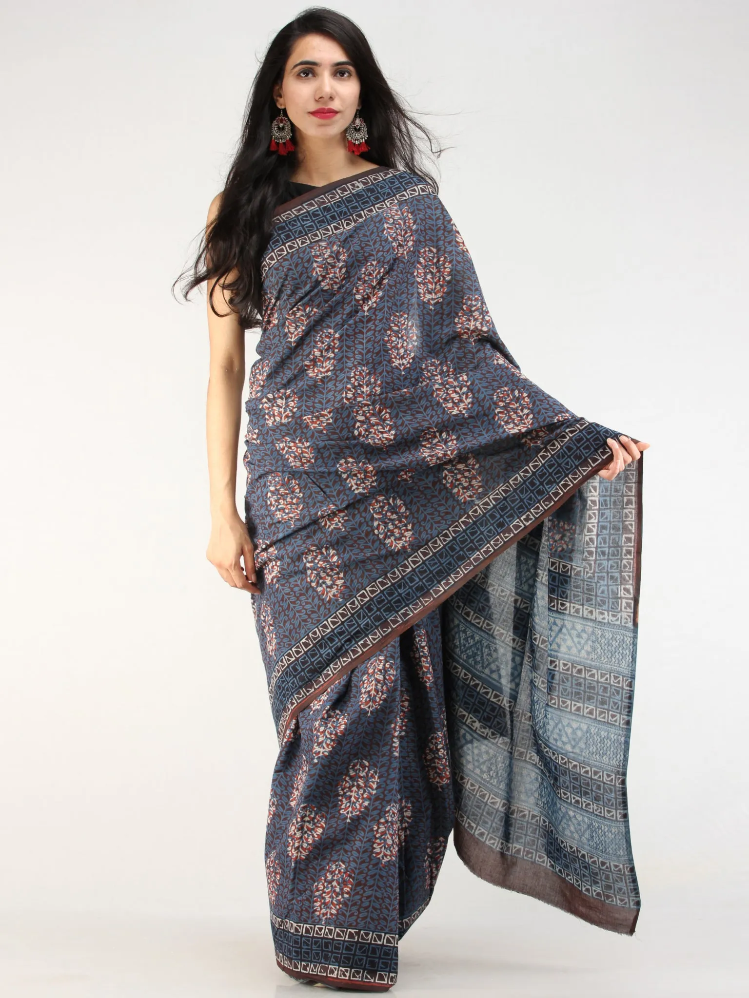 Indigo Rustic Hand Block Printed  Cotton Mul Saree - s031704539