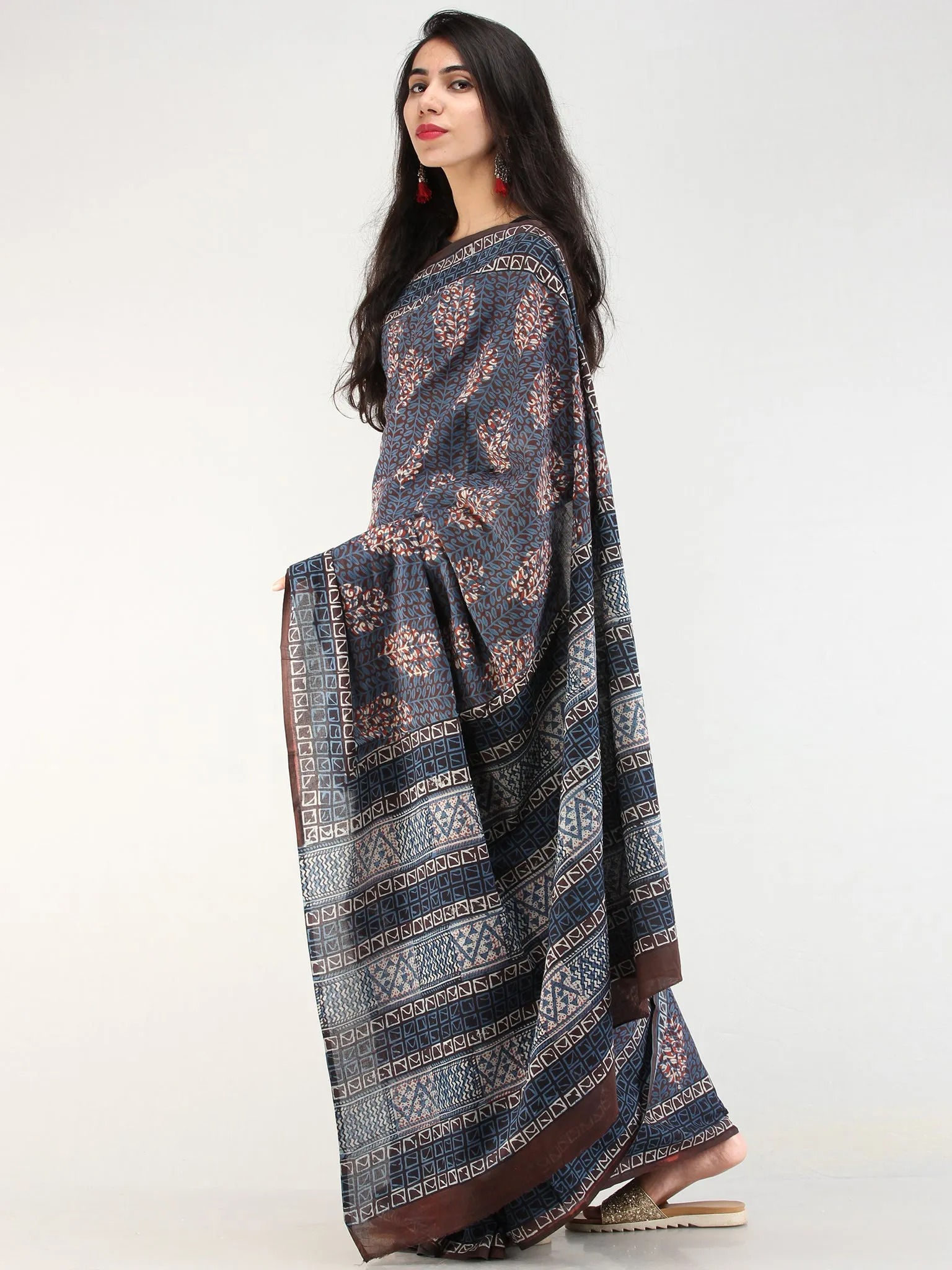 Indigo Rustic Hand Block Printed  Cotton Mul Saree - s031704539