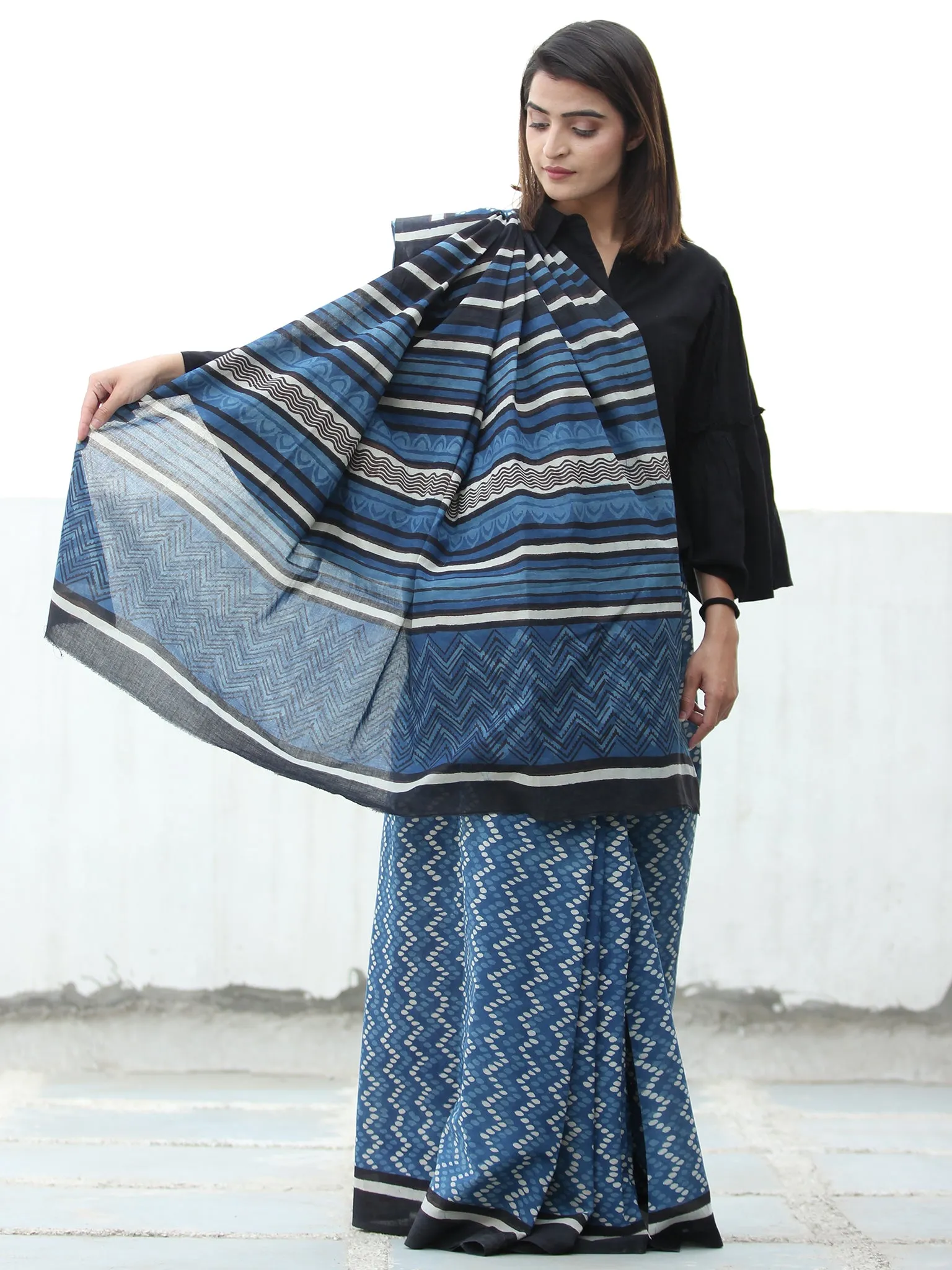 Indigo White Black  Hand Block Printed  Cotton Mul Saree - S031704112