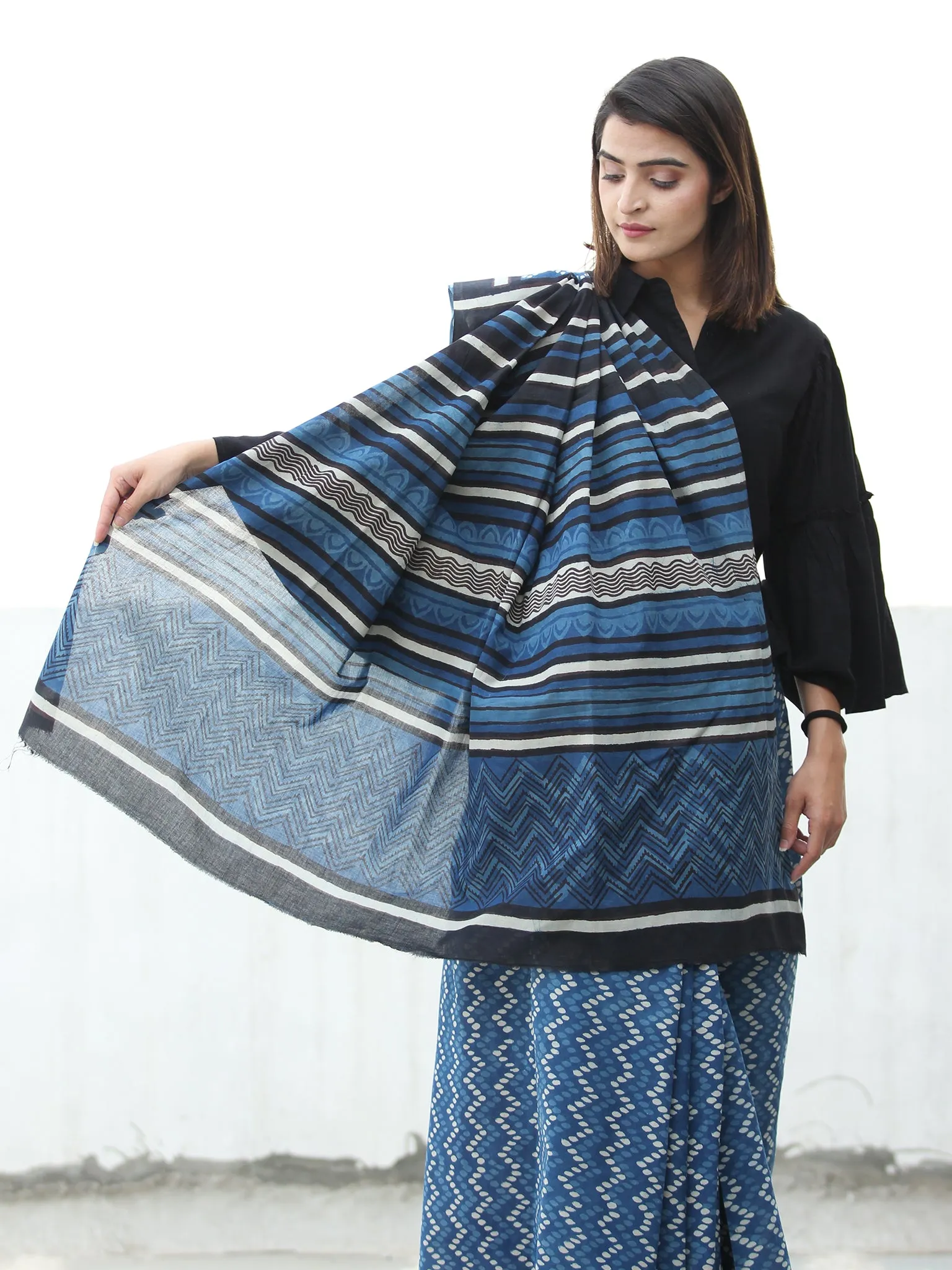 Indigo White Black  Hand Block Printed  Cotton Mul Saree - S031704112