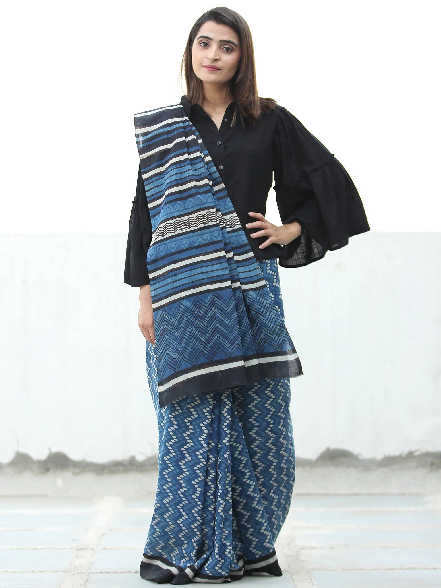 Indigo White Black  Hand Block Printed  Cotton Mul Saree - S031704112