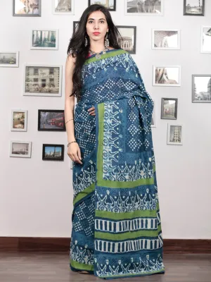 Indigo White Green Hand Block Printed Cotton Mul Saree - S031703051