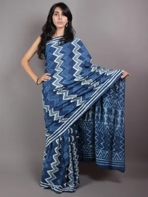 Indigo White Hand Block Printed in Natural Colors Cotton Mul Saree - S03170423