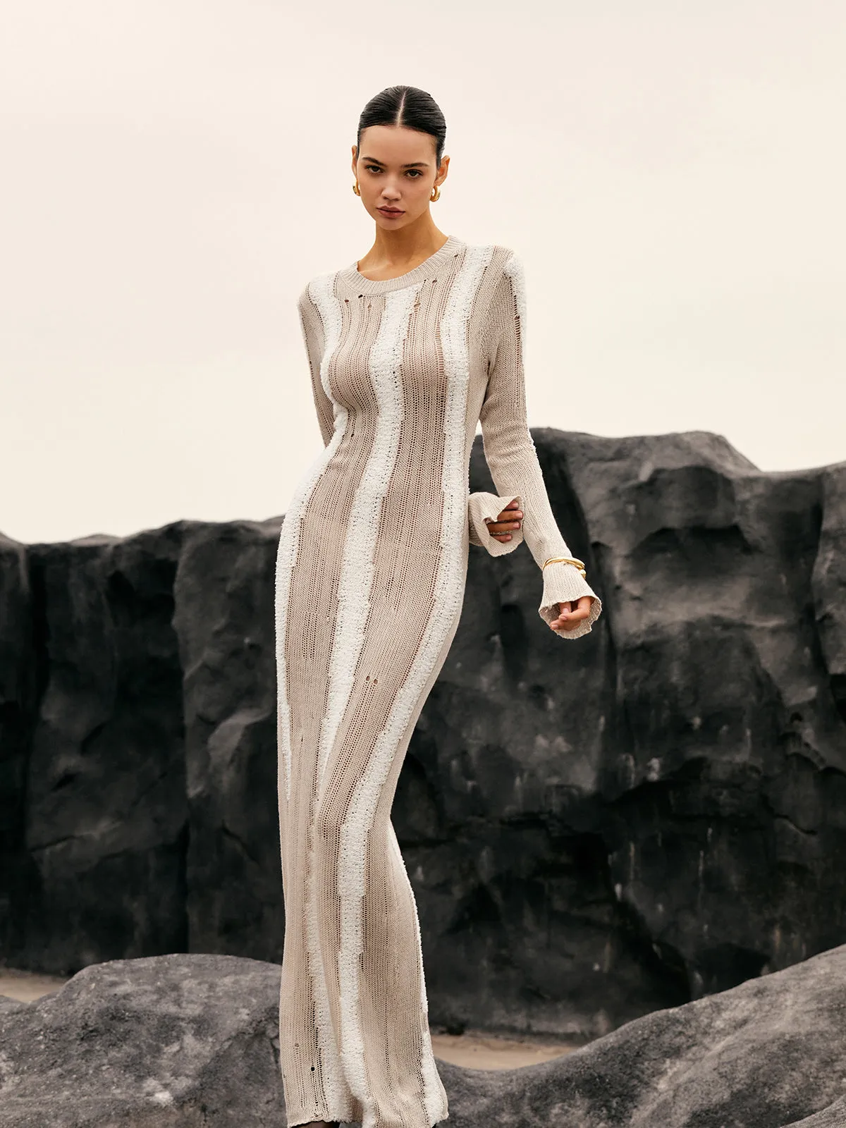 Jacquard Striped Graceful Crochet Long Dress