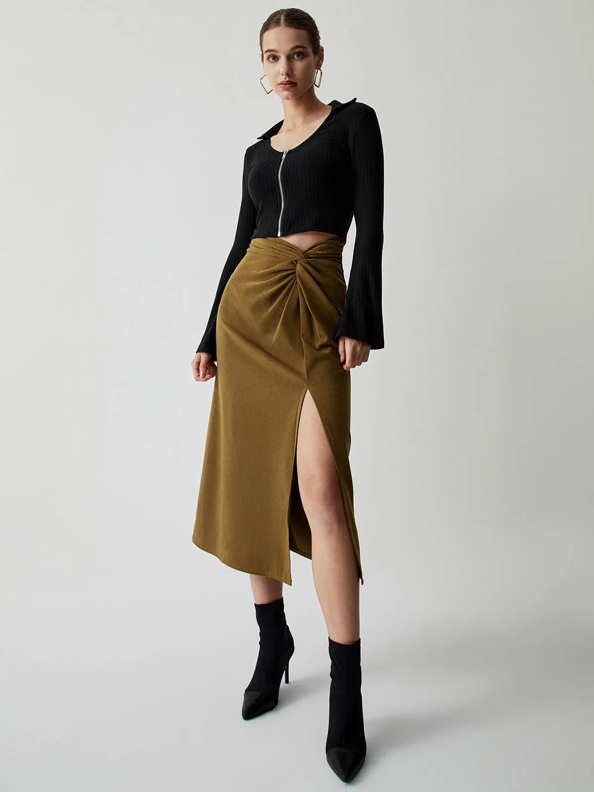 Knotted Slit Graceful Midi Skirt