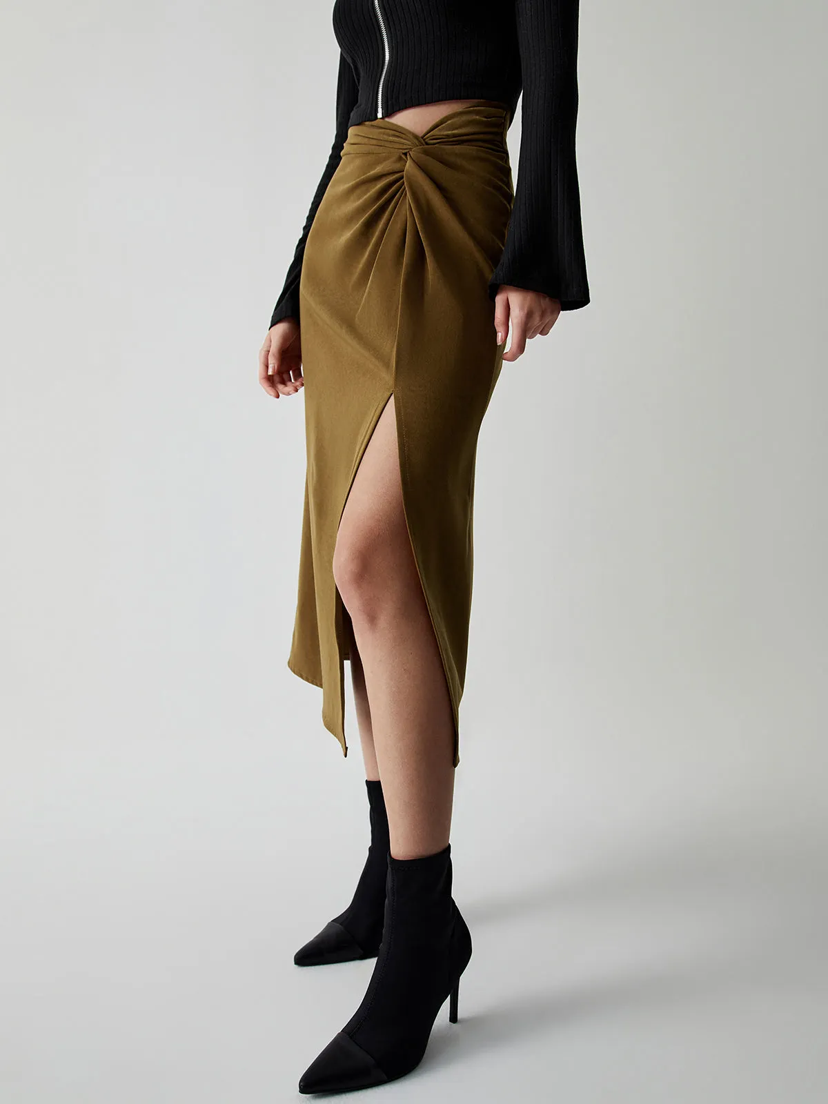 Knotted Slit Graceful Midi Skirt