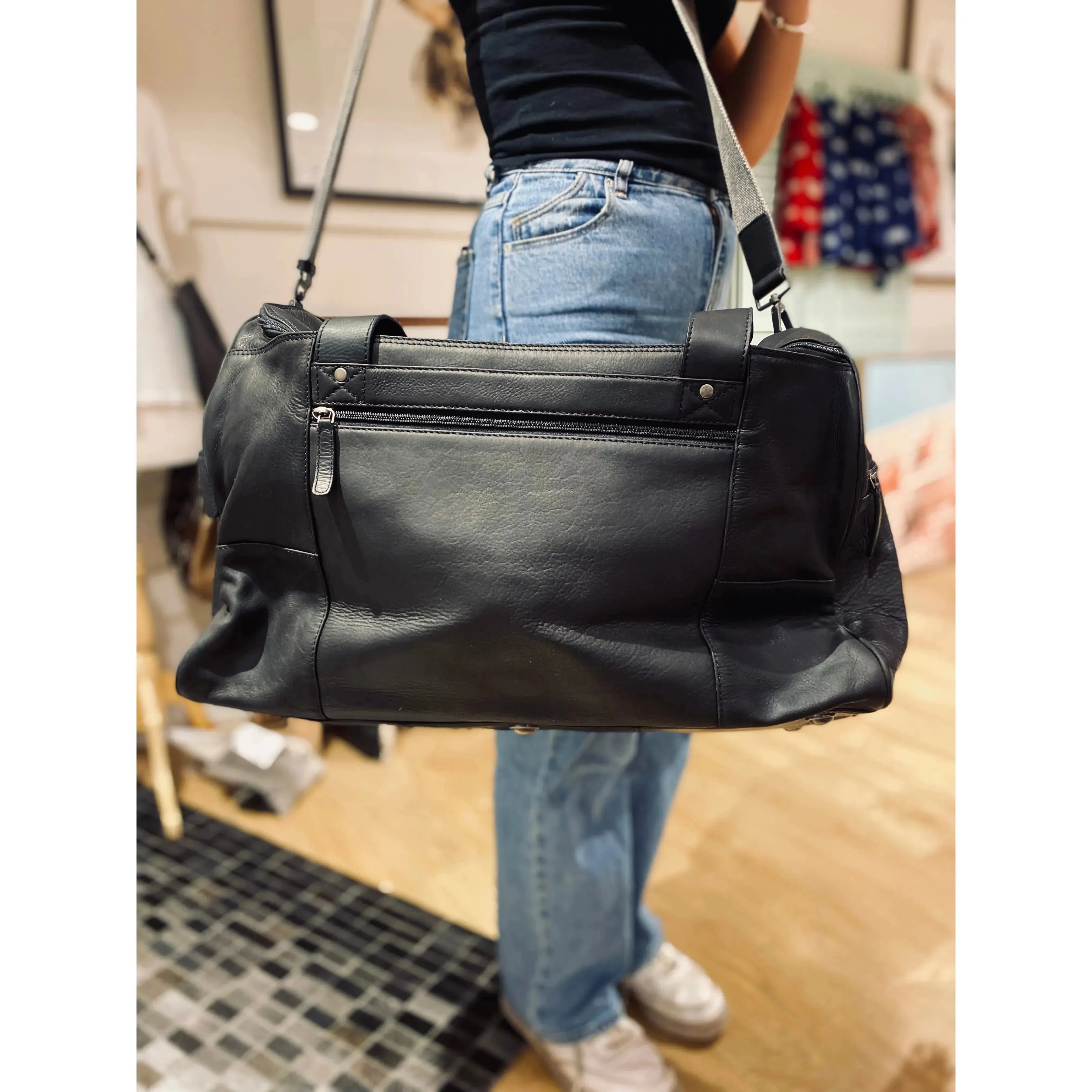 Large Black Leather Travel Bag #BT