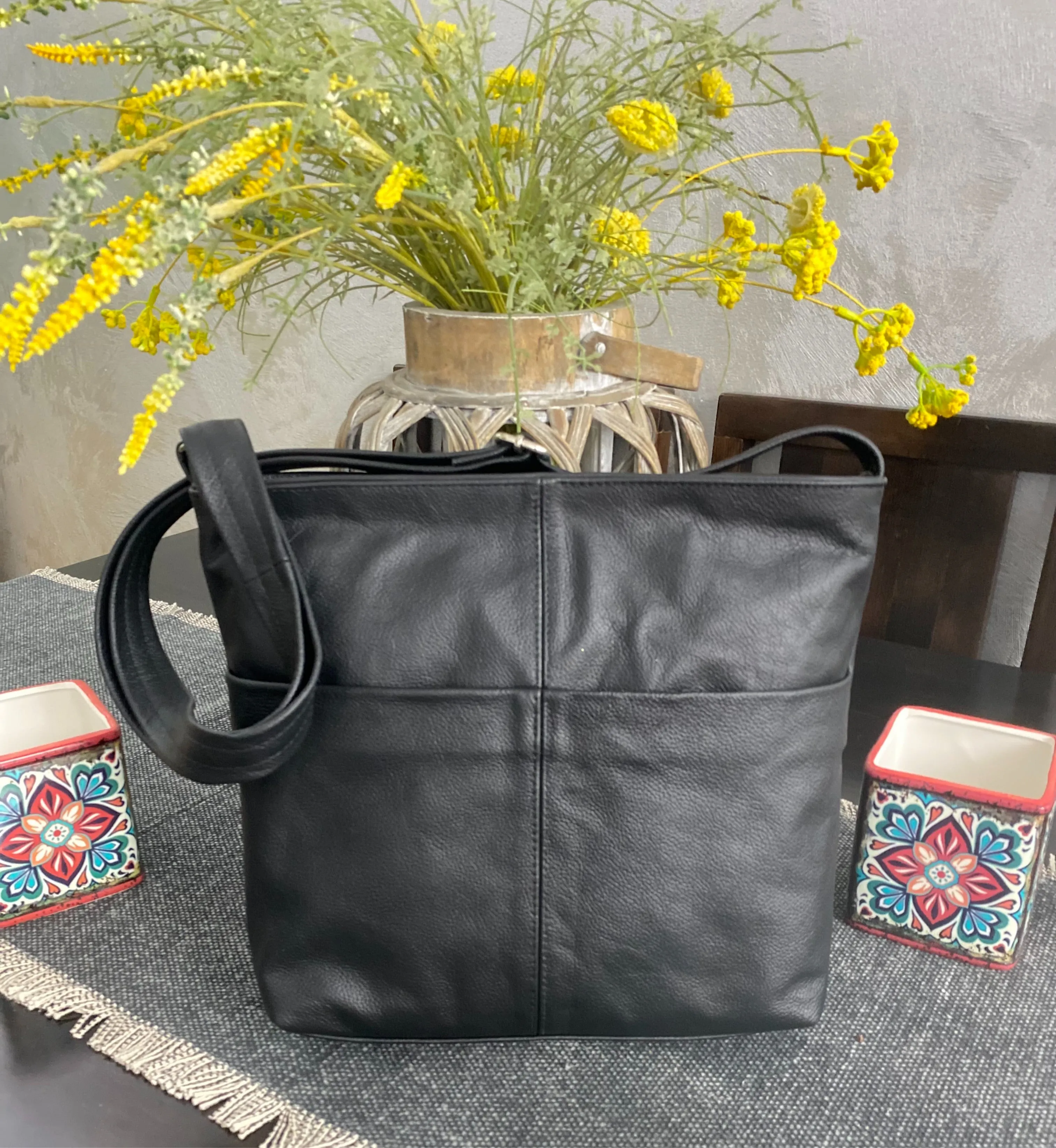 Leather messenger bag .  Black Tote bag. Work bag