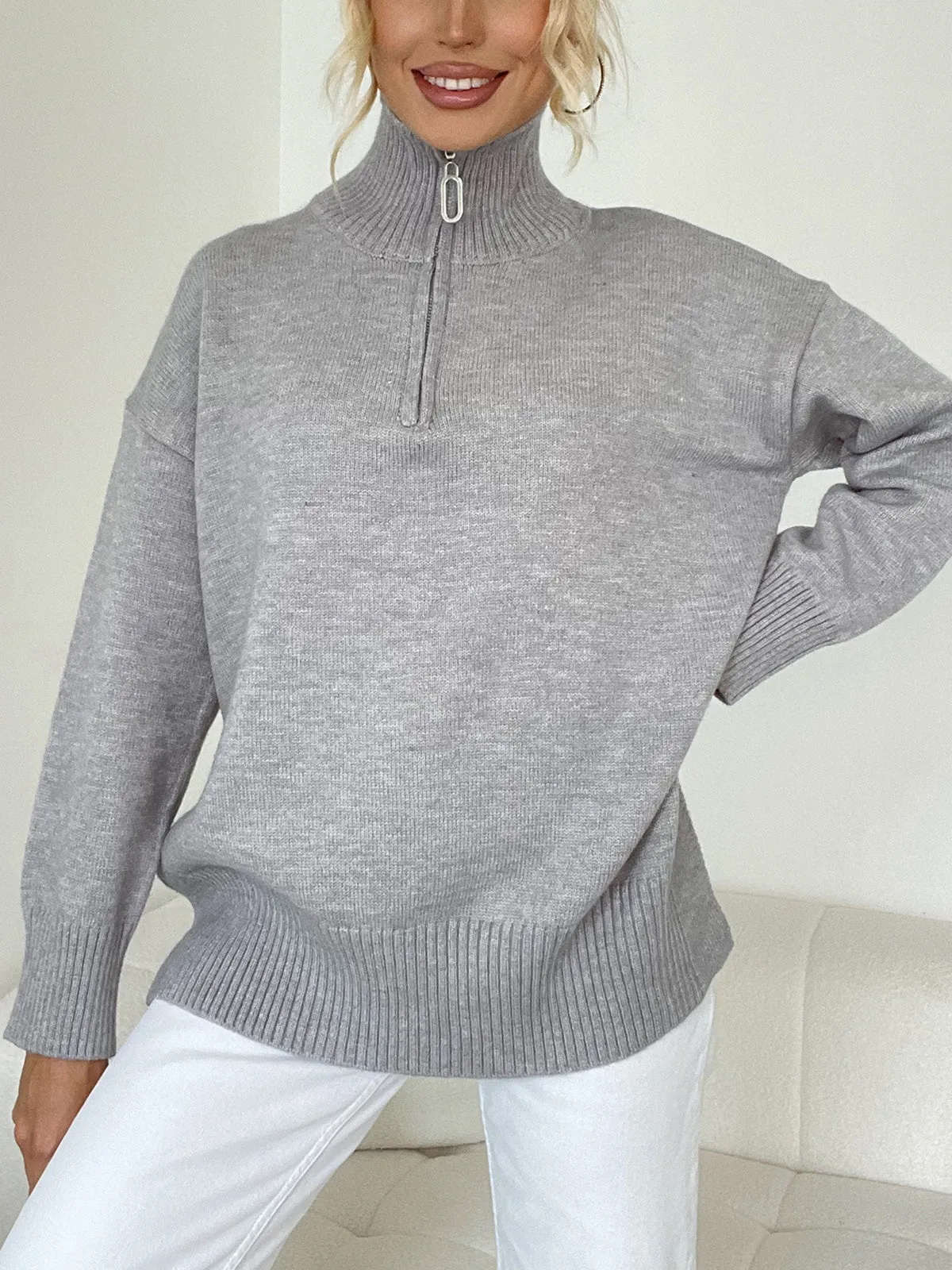 Leisure Open Graceful Collar Zippered Sweater