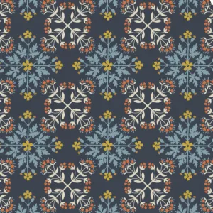 Lewis and Irene Mojolica Floral Tile on Dark Blue Cotton Fabric