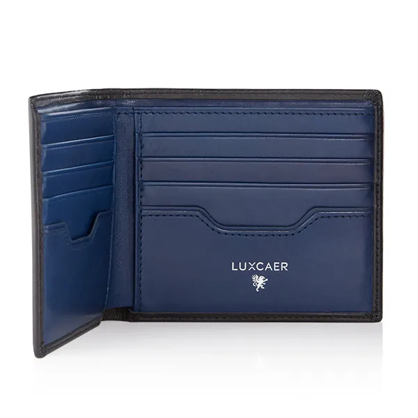 Luxury calfskin leather wallet in black and blue - 8 card slot