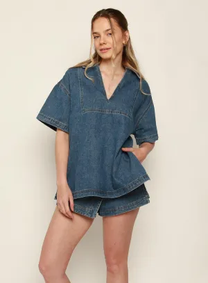 Malia Denim Top-MID BLUE