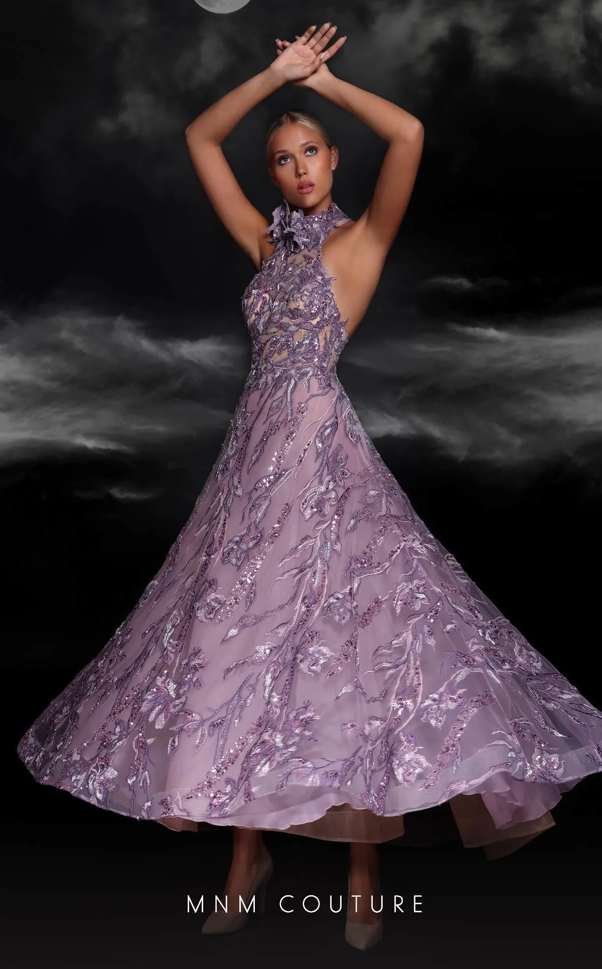 MNM Couture K4104 : A-Line Gown with Lace Appliques and Backless Design