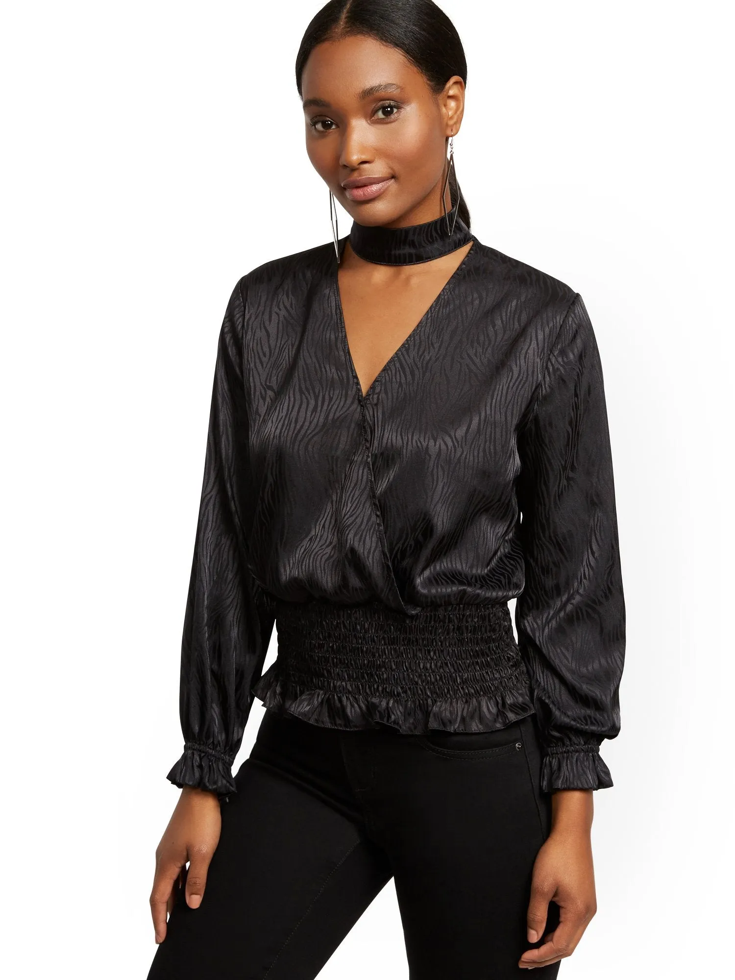 Mock-Neck Wrap Blouse