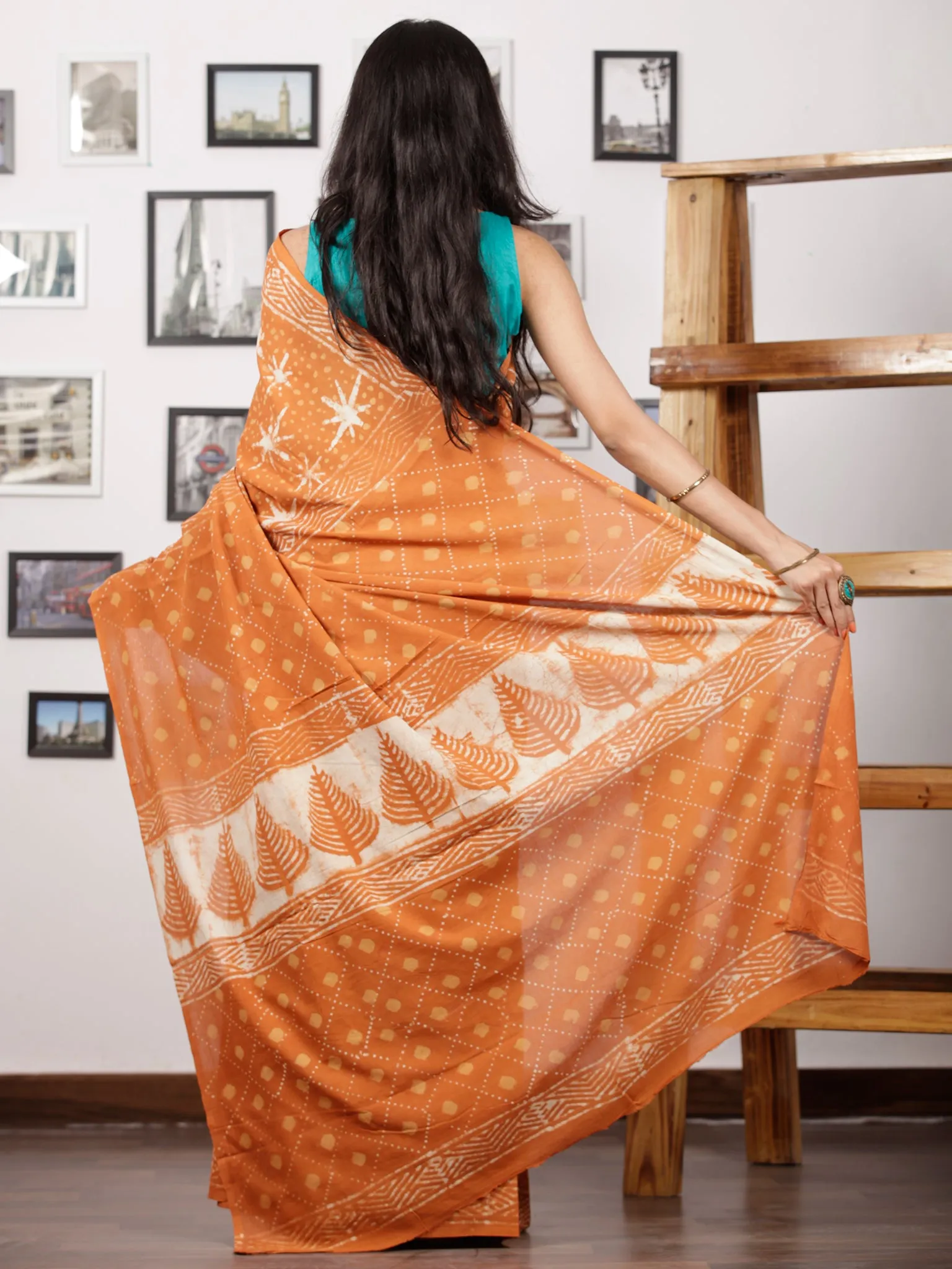 Mustard White Hand Block Printed Cotton Mul Saree - S031702973