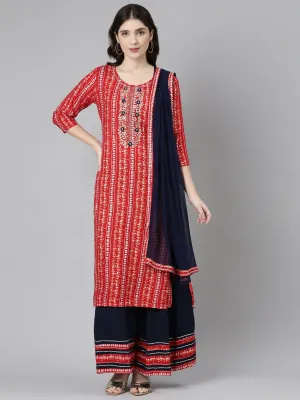 Neeru's Red Regular Straight Printed Kurta And Palazzos With Dupatta