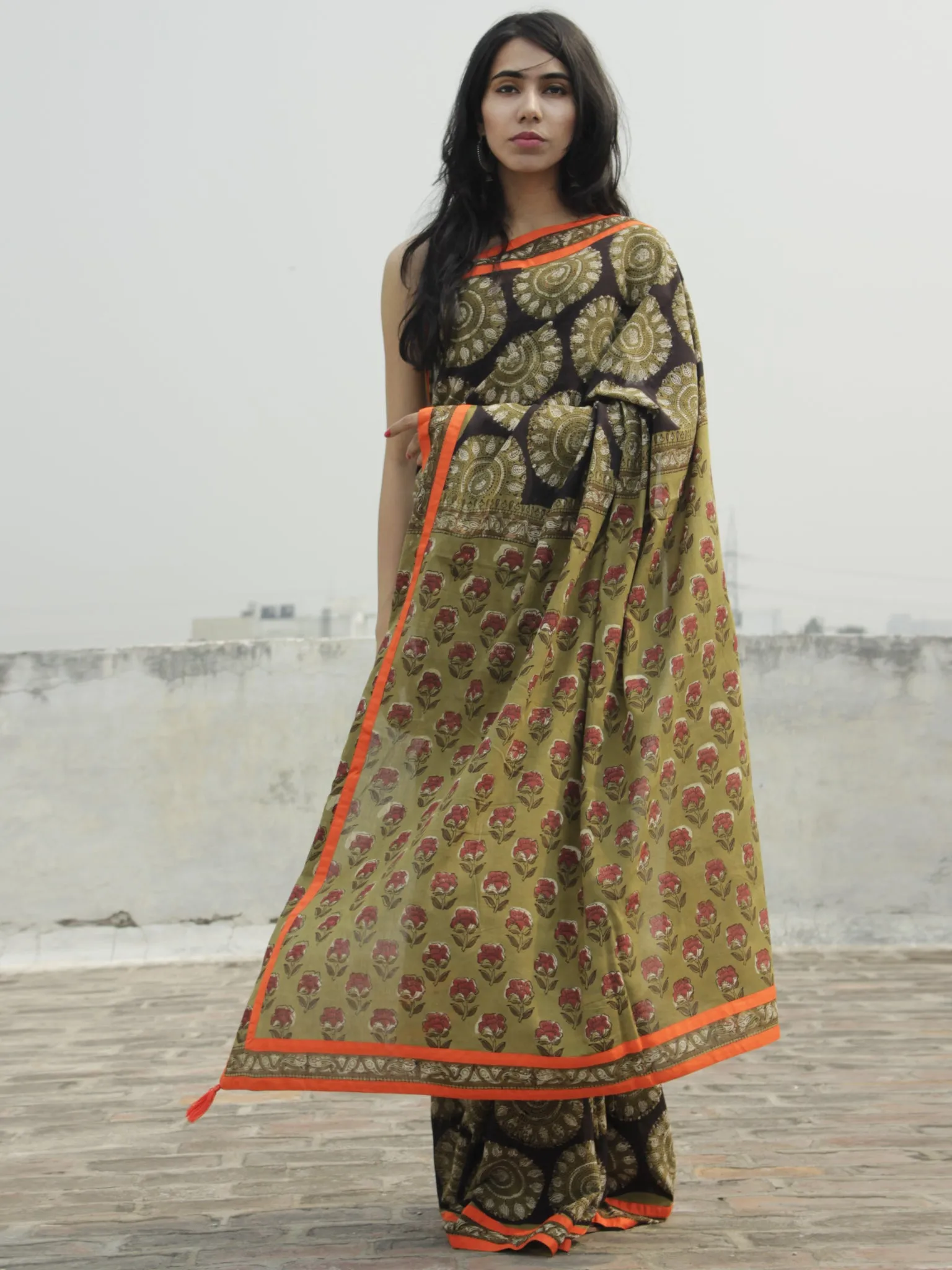 Olive Green Black Ivory Hand Block Printed & Thread Embroidered Cotton Saree With Orange Border & Tassels - S031702284