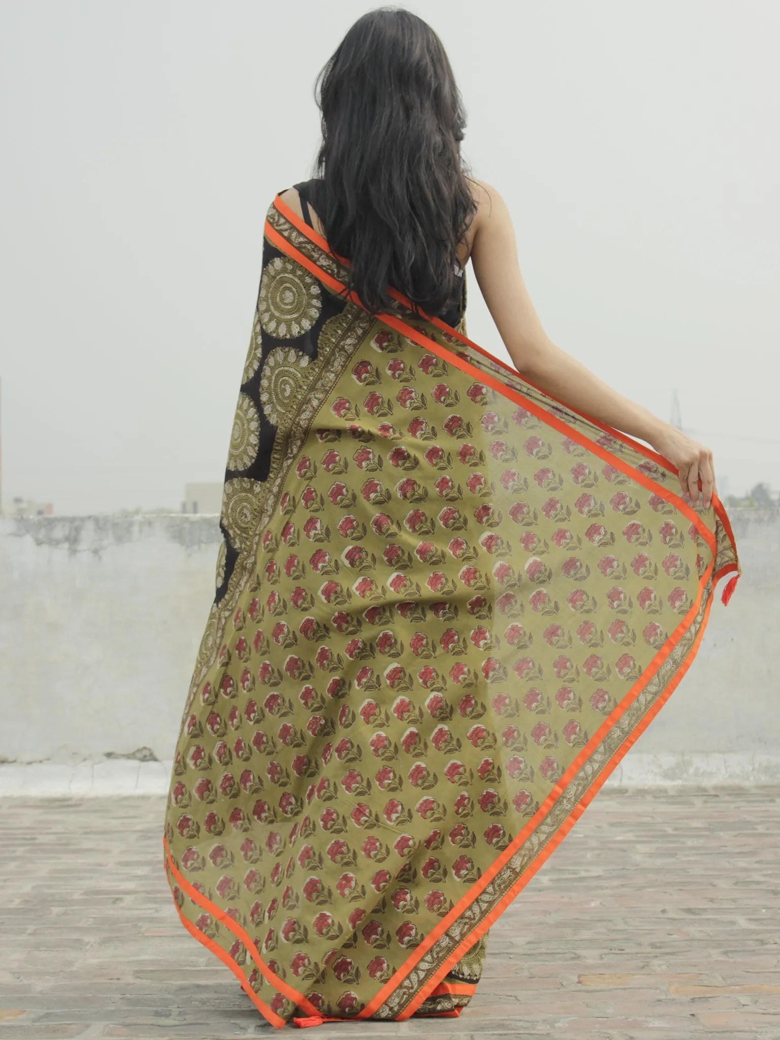 Olive Green Black Ivory Hand Block Printed & Thread Embroidered Cotton Saree With Orange Border & Tassels - S031702284