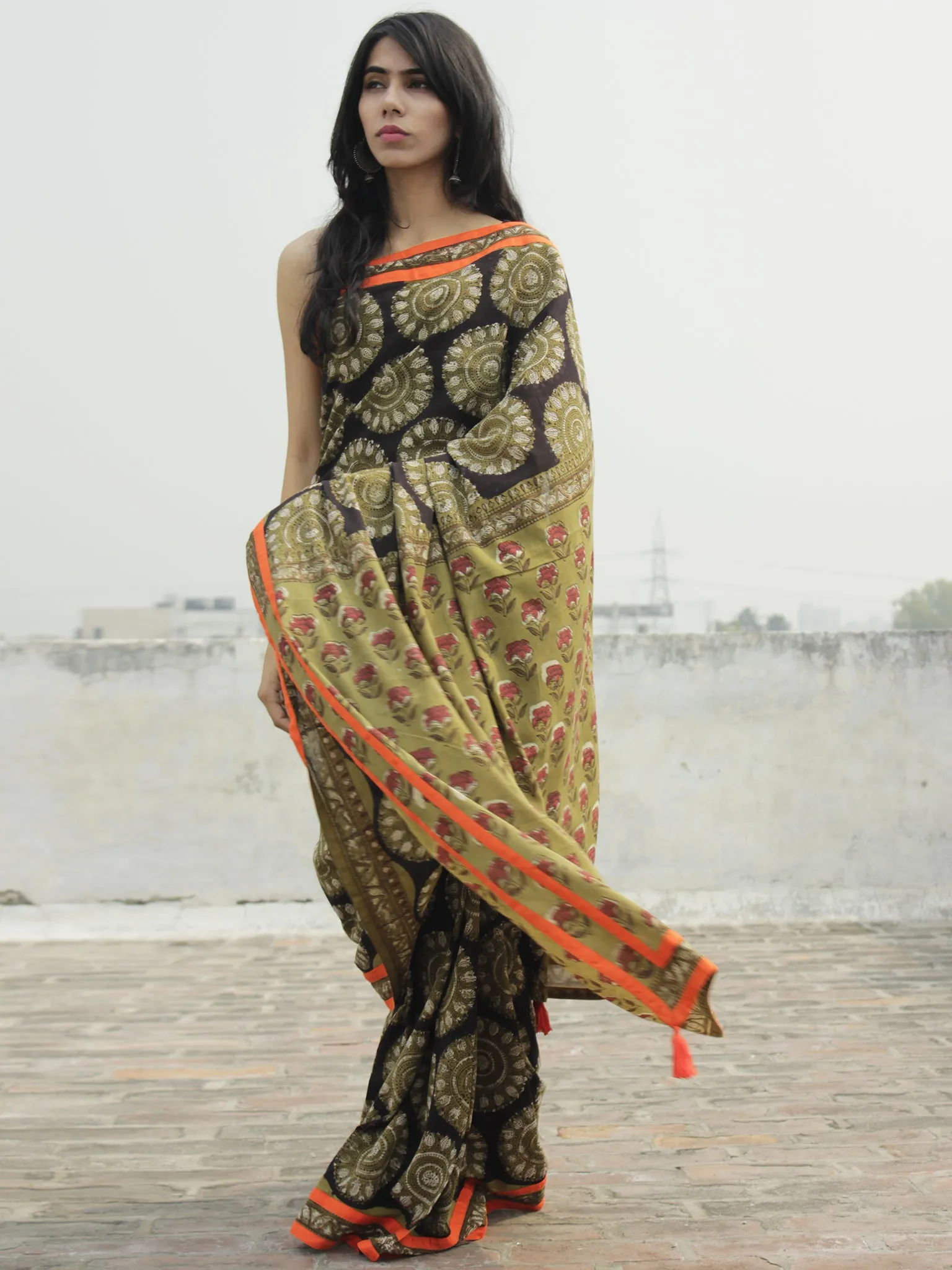 Olive Green Black Ivory Hand Block Printed & Thread Embroidered Cotton Saree With Orange Border & Tassels - S031702284