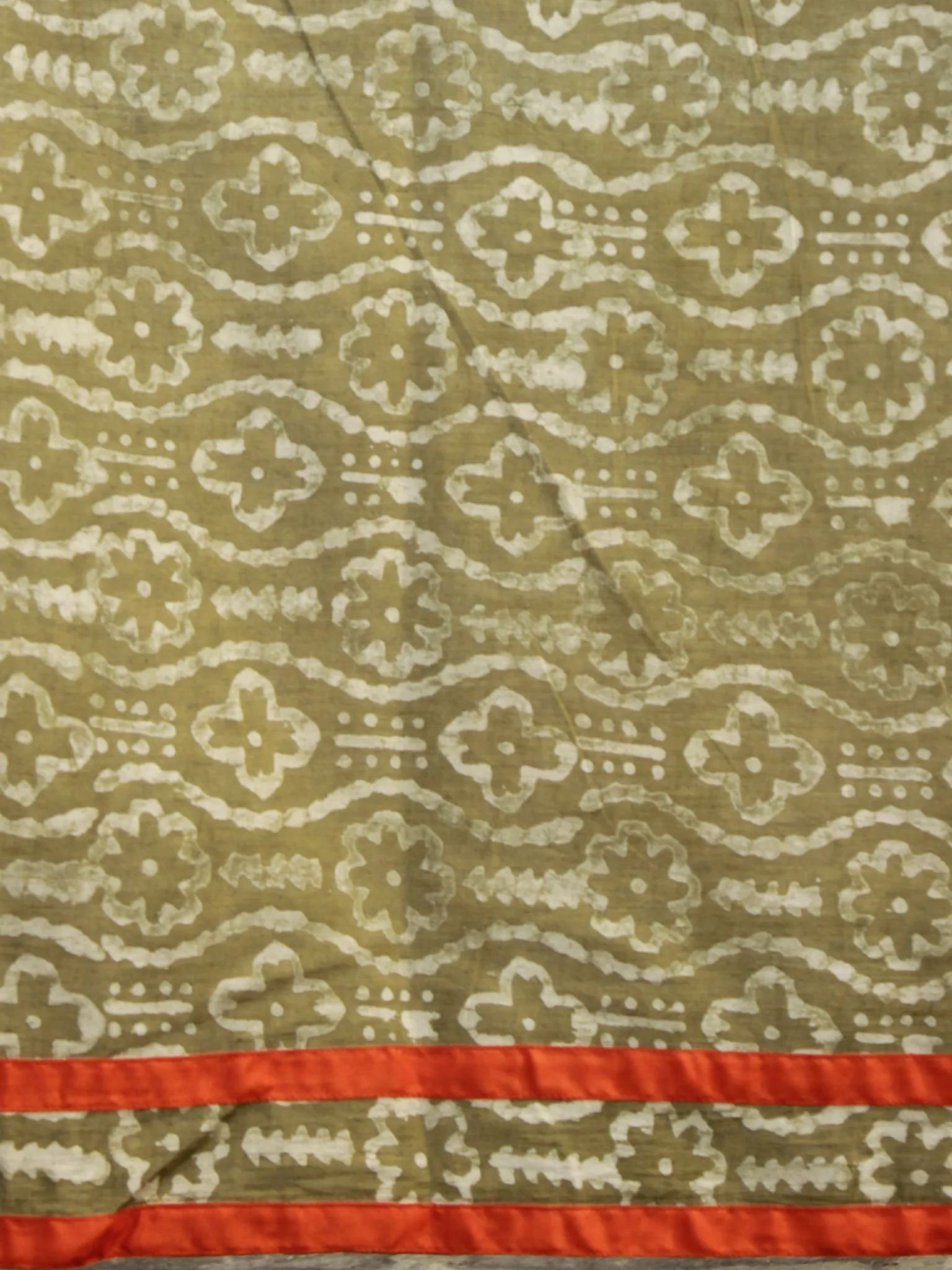 Olive Green Black Ivory Hand Block Printed & Thread Embroidered Cotton Saree With Orange Border & Tassels - S031702284