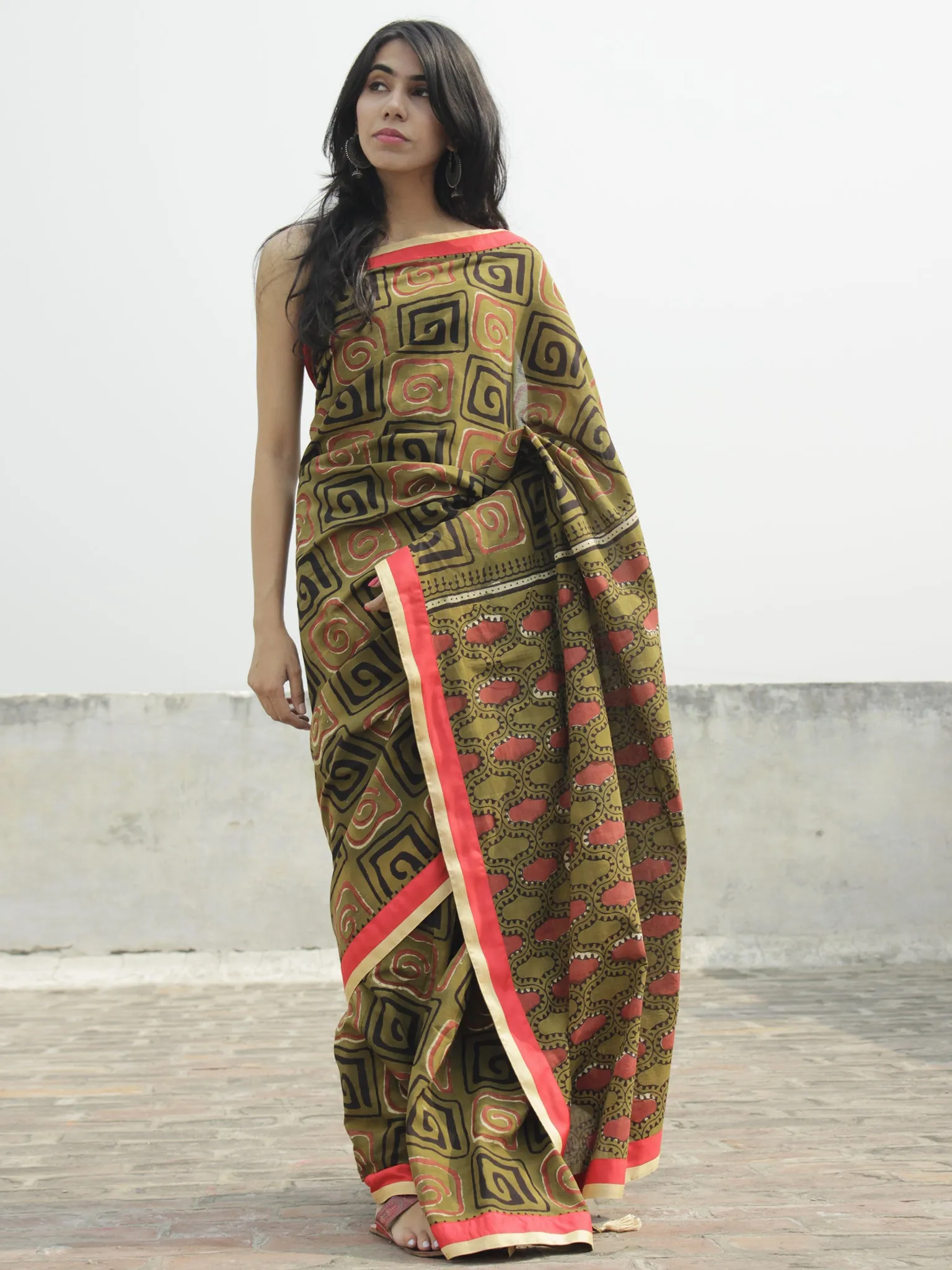 Olive Green Black Maroon Ivory Hand Block Printed Cotton Saree With Red Border & Tassels - S031702290