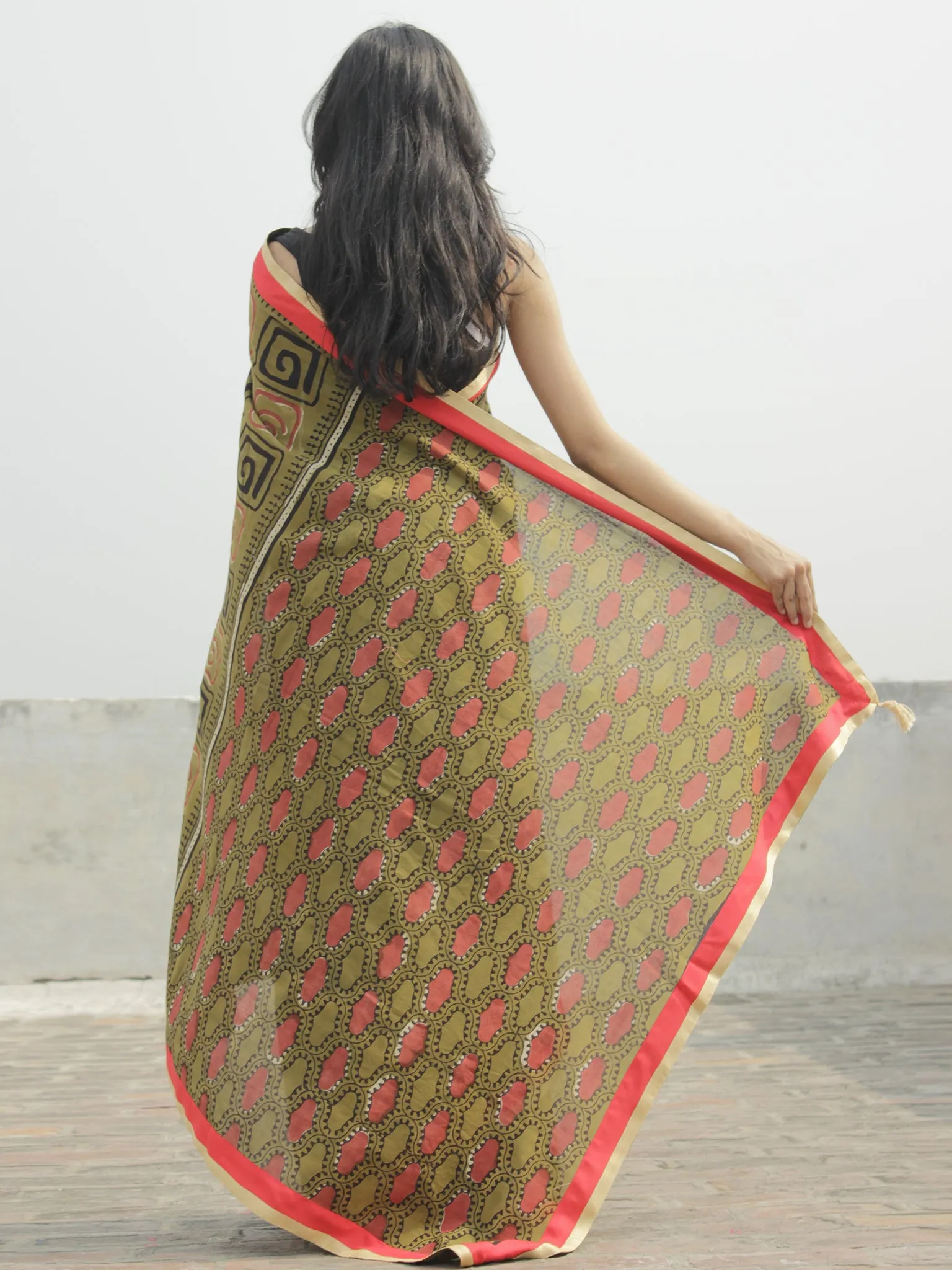 Olive Green Black Maroon Ivory Hand Block Printed Cotton Saree With Red Border & Tassels - S031702290