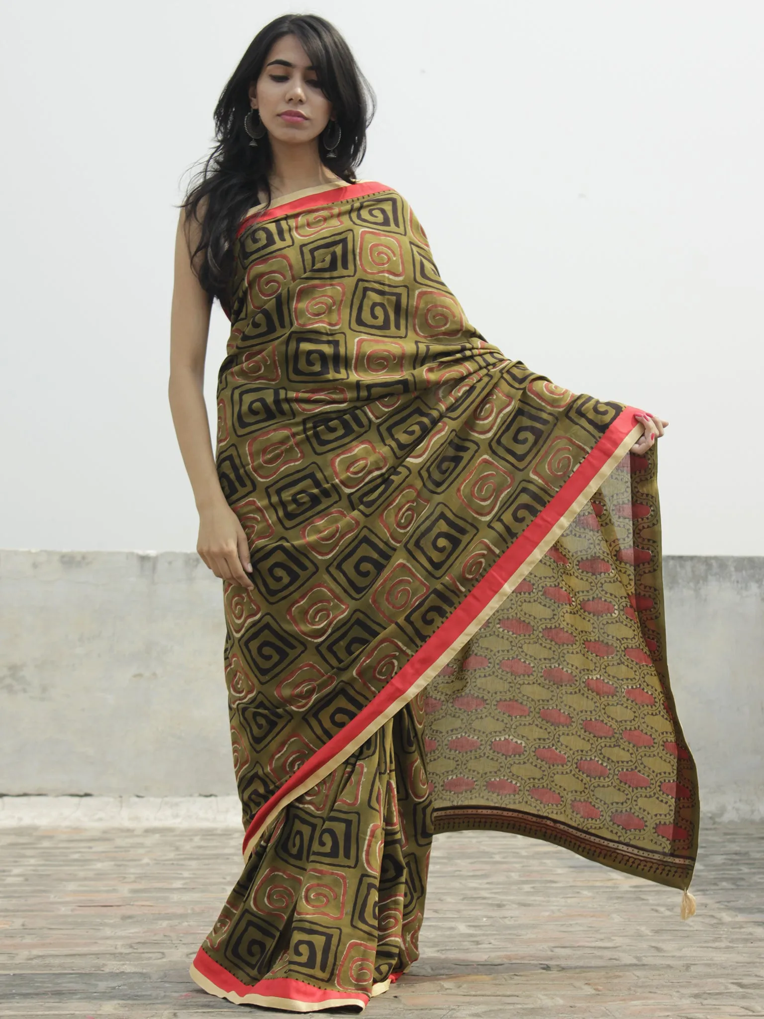 Olive Green Black Maroon Ivory Hand Block Printed Cotton Saree With Red Border & Tassels - S031702290