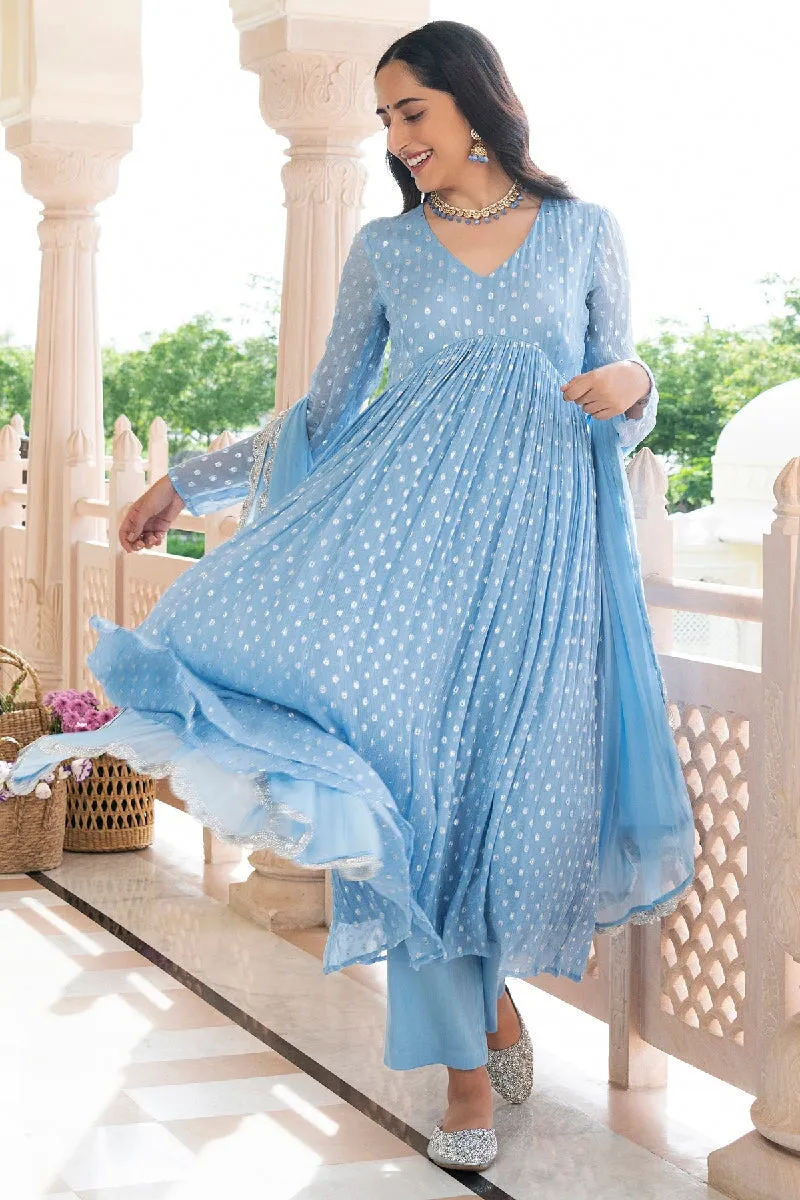 Pashmeena Light Blue Lurex Flared Kurta With Pant & Dupatta