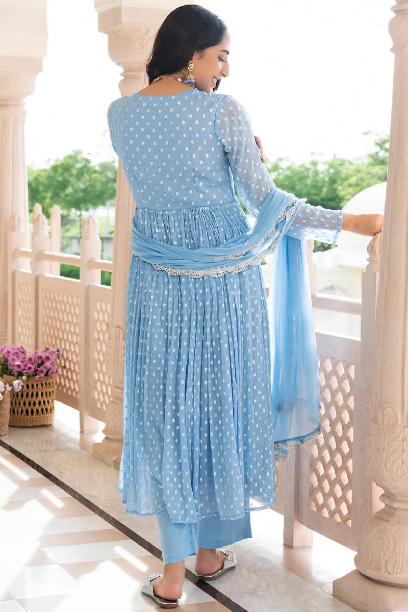 Pashmeena Light Blue Lurex Flared Kurta With Pant & Dupatta