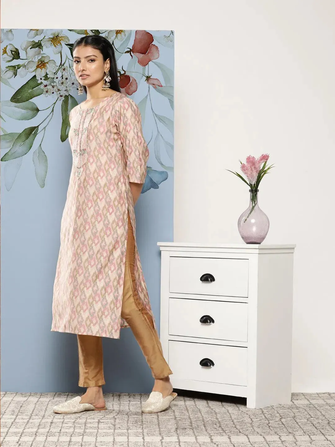 Pink Printed Silk Blend Straight Kurta