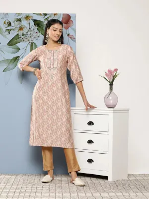 Pink Printed Silk Blend Straight Kurta